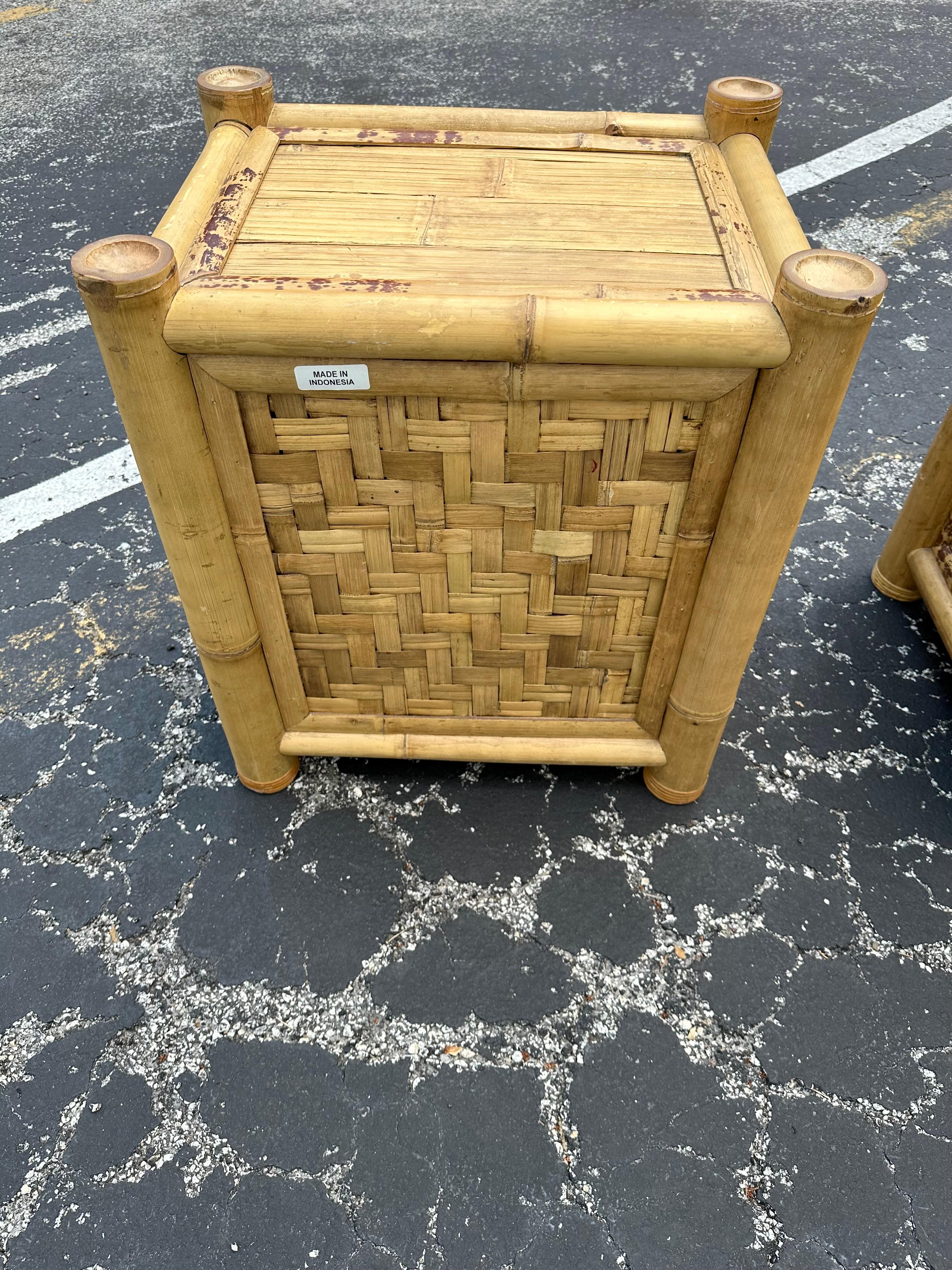 Late 20th Century 1980s Budji Burnt Bamboo Woven Rattan Nightstands, Set of 2 For Sale