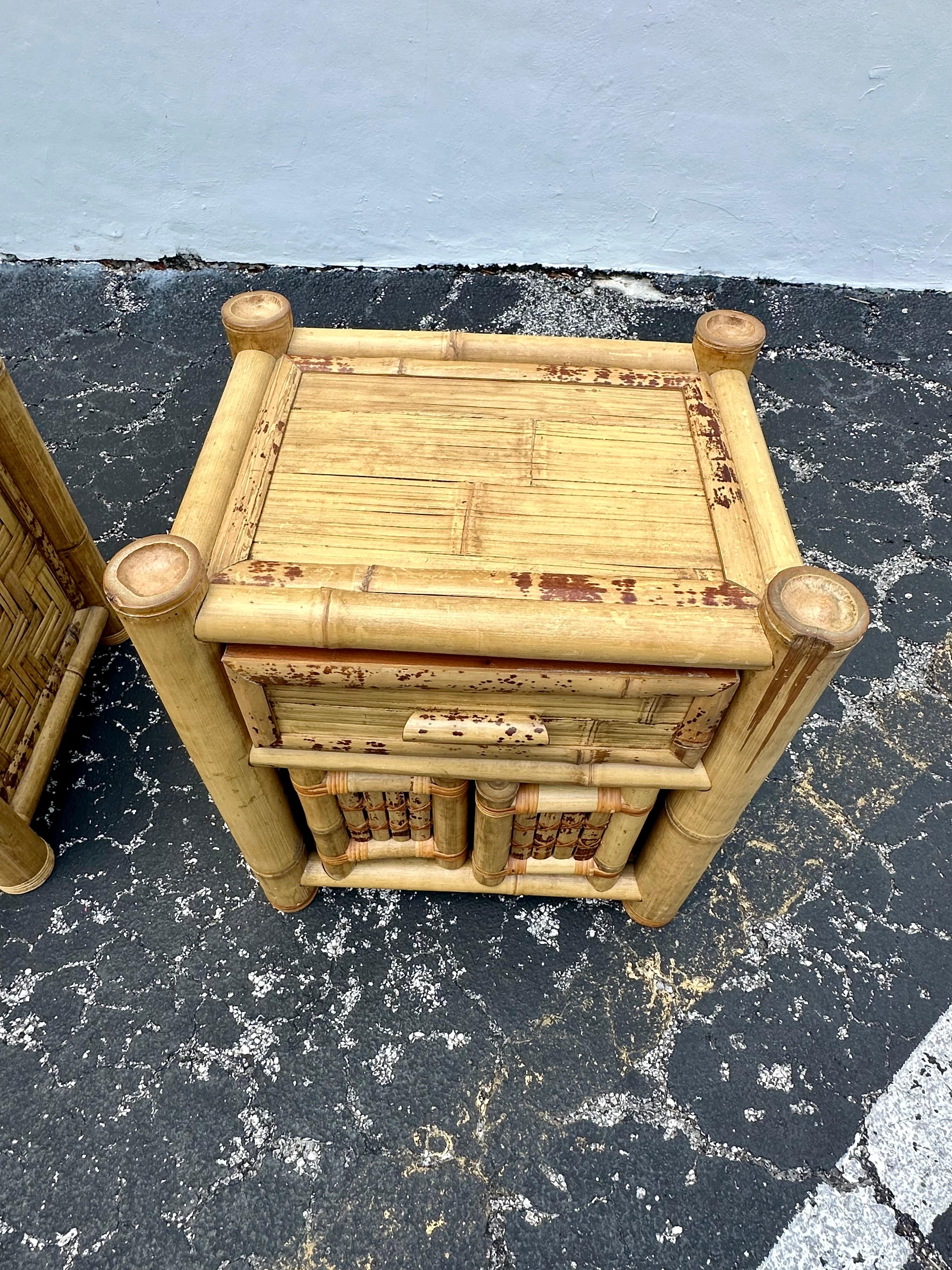 1980s Budji Burnt Bamboo Woven Rattan Nightstands, Set of 2 For Sale 1