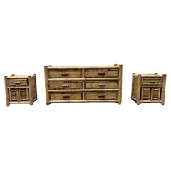 1980s Budji Burnt Bamboo Woven Rattan Nightstands, Set of 2