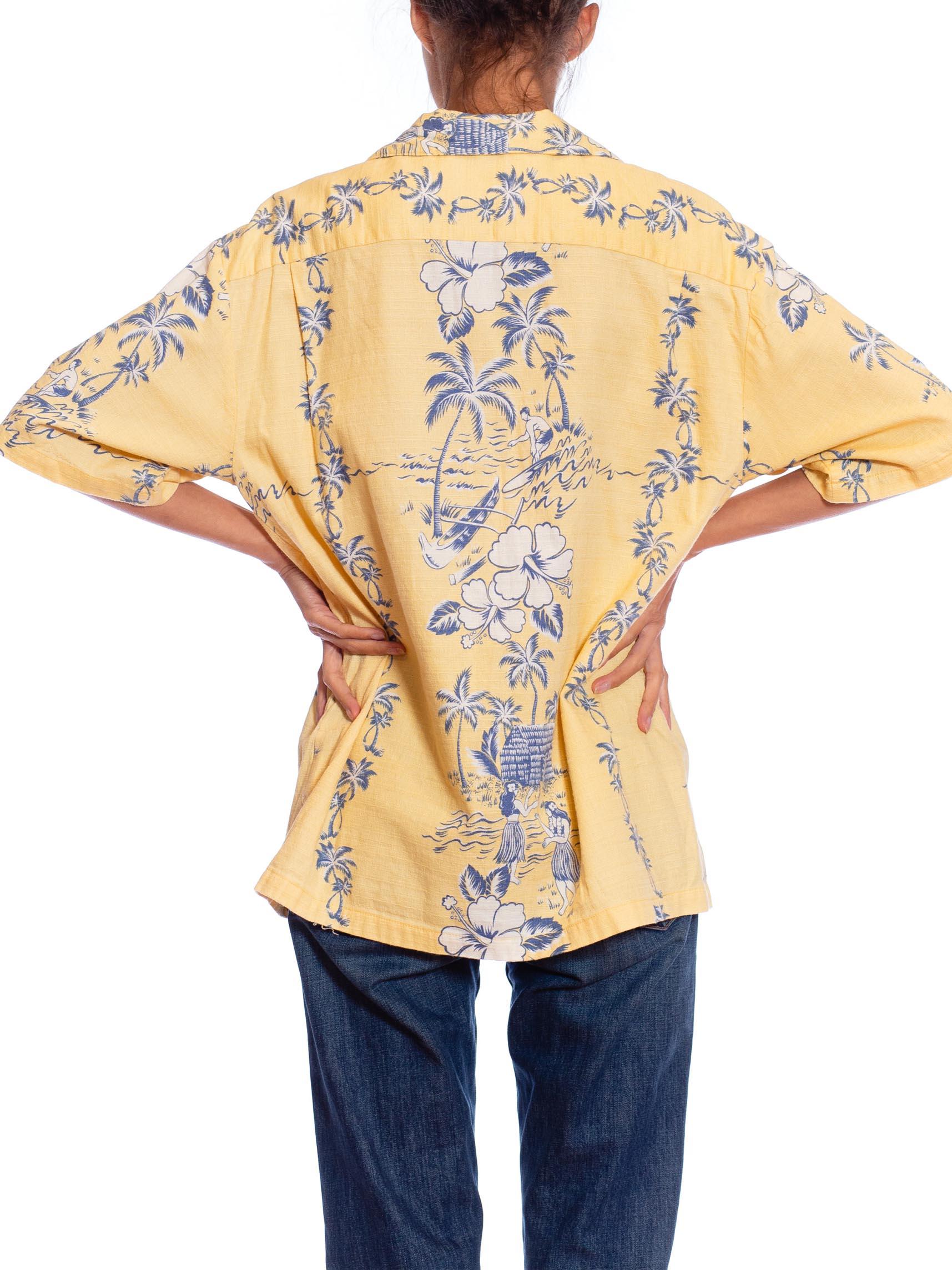 Men's 1980S Butter Yellow Cotton Barkcloth Mens Aloha Shirt Made In Hawaii For Sale