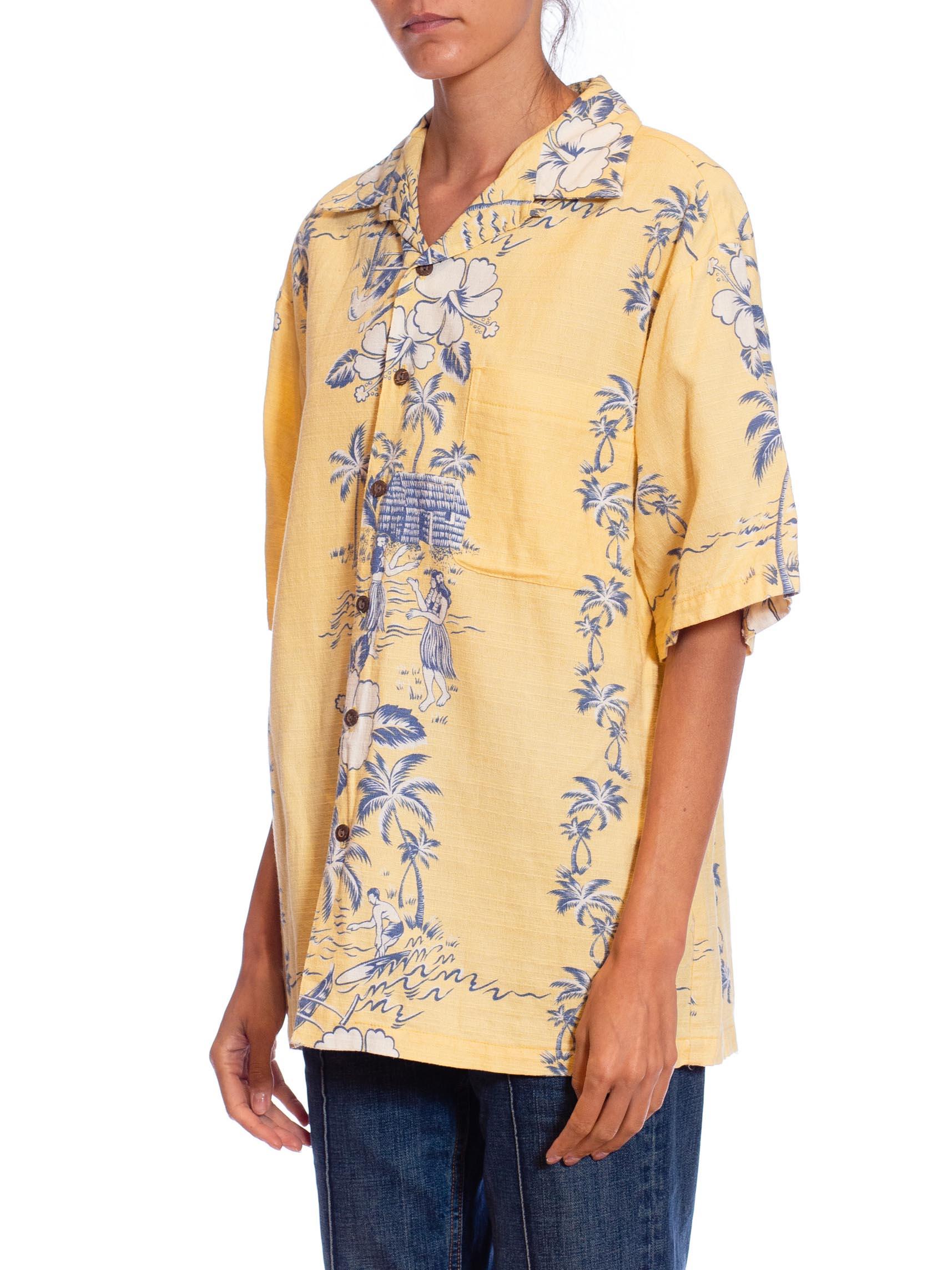 1980S Butter Yellow Cotton Barkcloth Mens Aloha Shirt Made In Hawaii For Sale 1