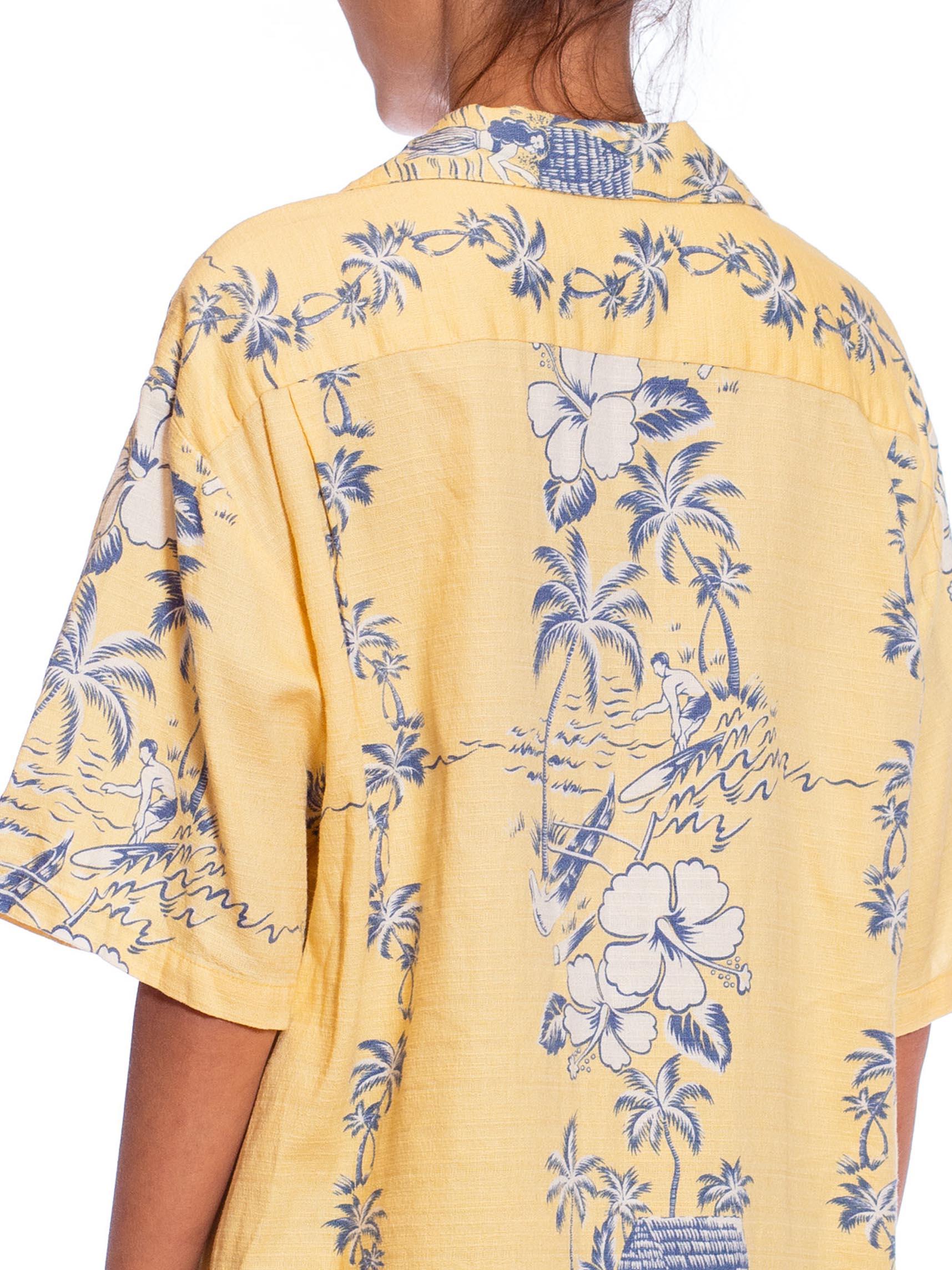 1980S Butter Yellow Cotton Barkcloth Mens Aloha Shirt Made In Hawaii For Sale 2