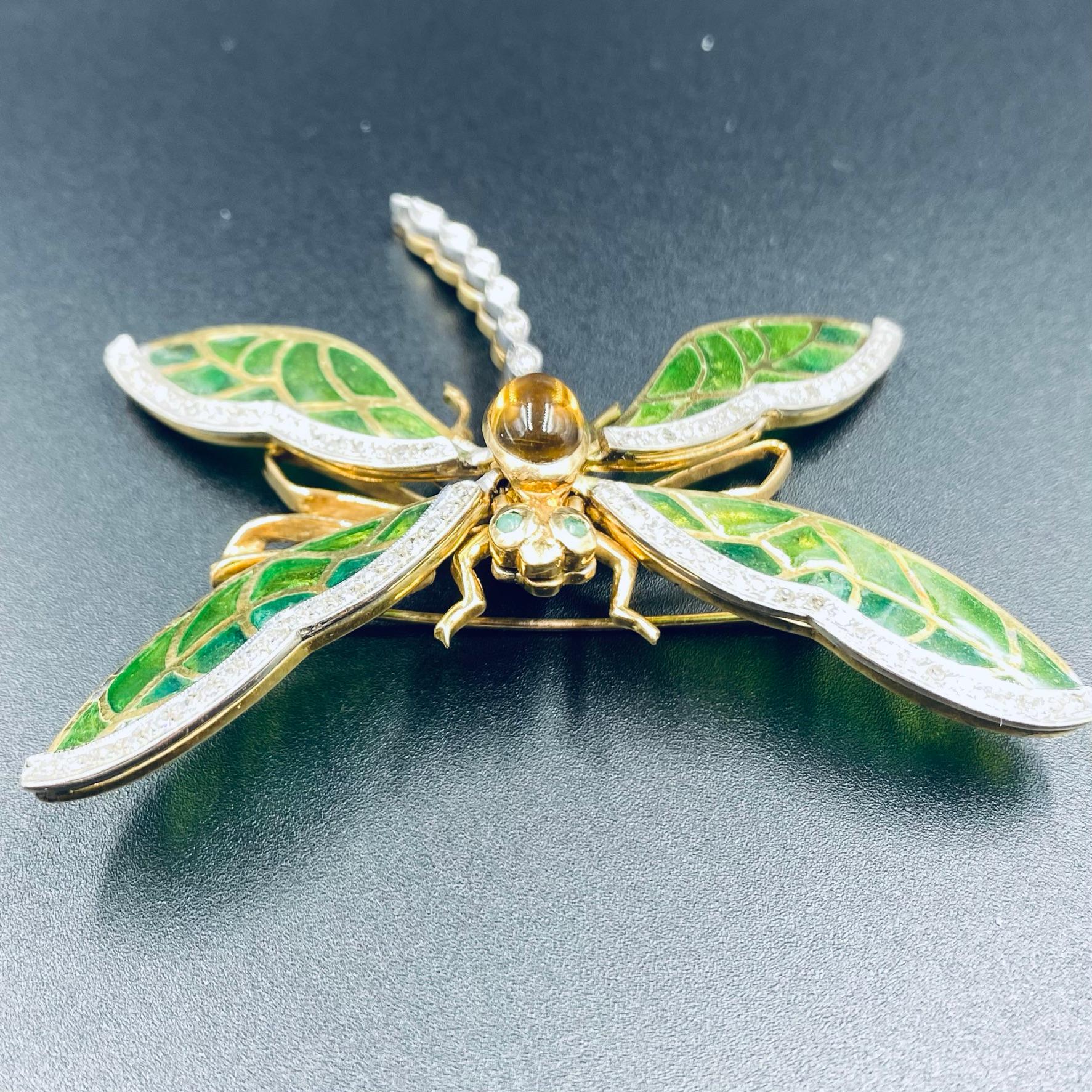 [?]1980s Butterfly Emerald and Citrine Gold Antique Brooch, 18 Karat Gold In Good Condition For Sale In New York, NY
