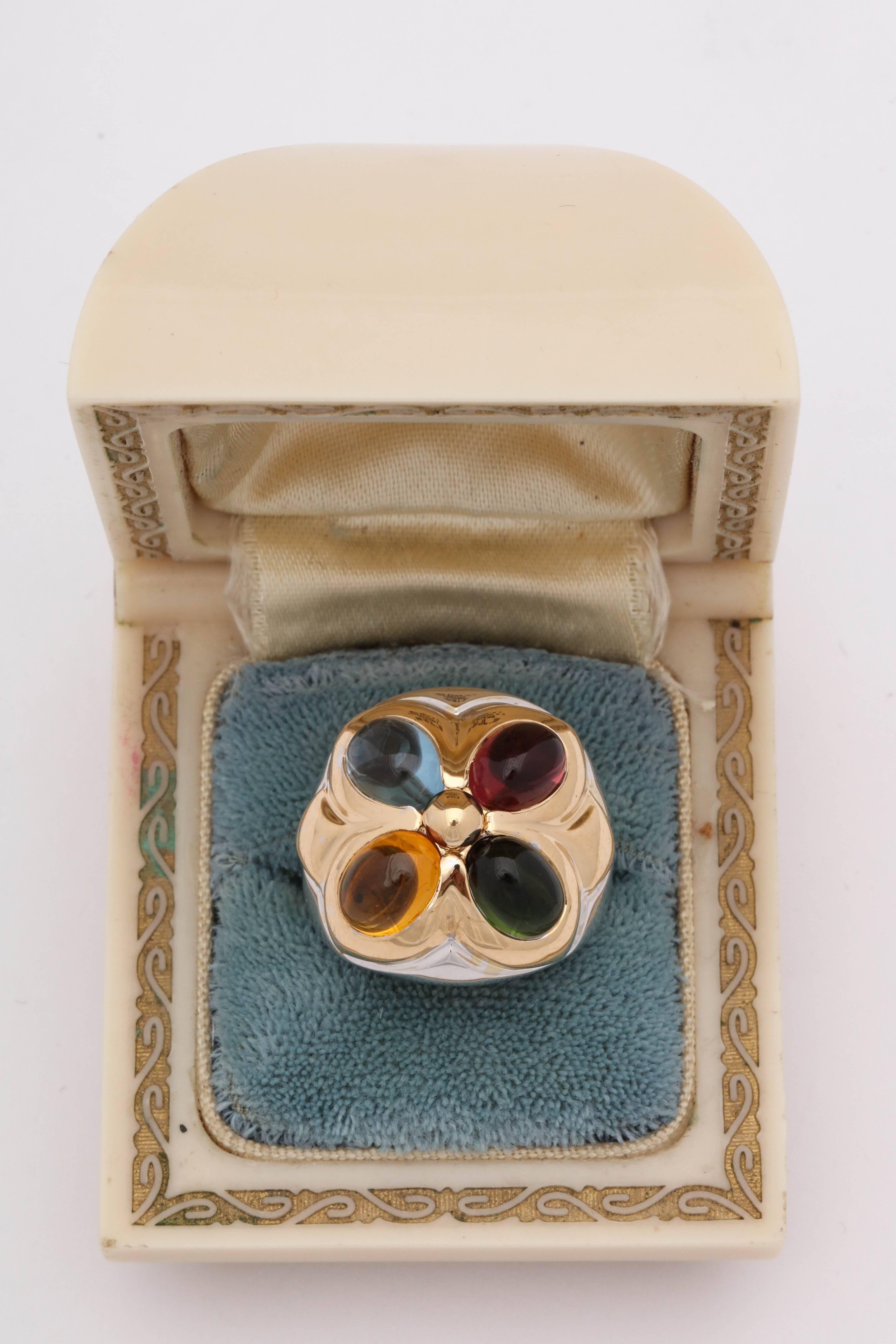 1980s Bvlgari Blue Topaz, Pink Tourmaline, Green Tourmaline, Citrine Gold Ring In Good Condition In New York, NY