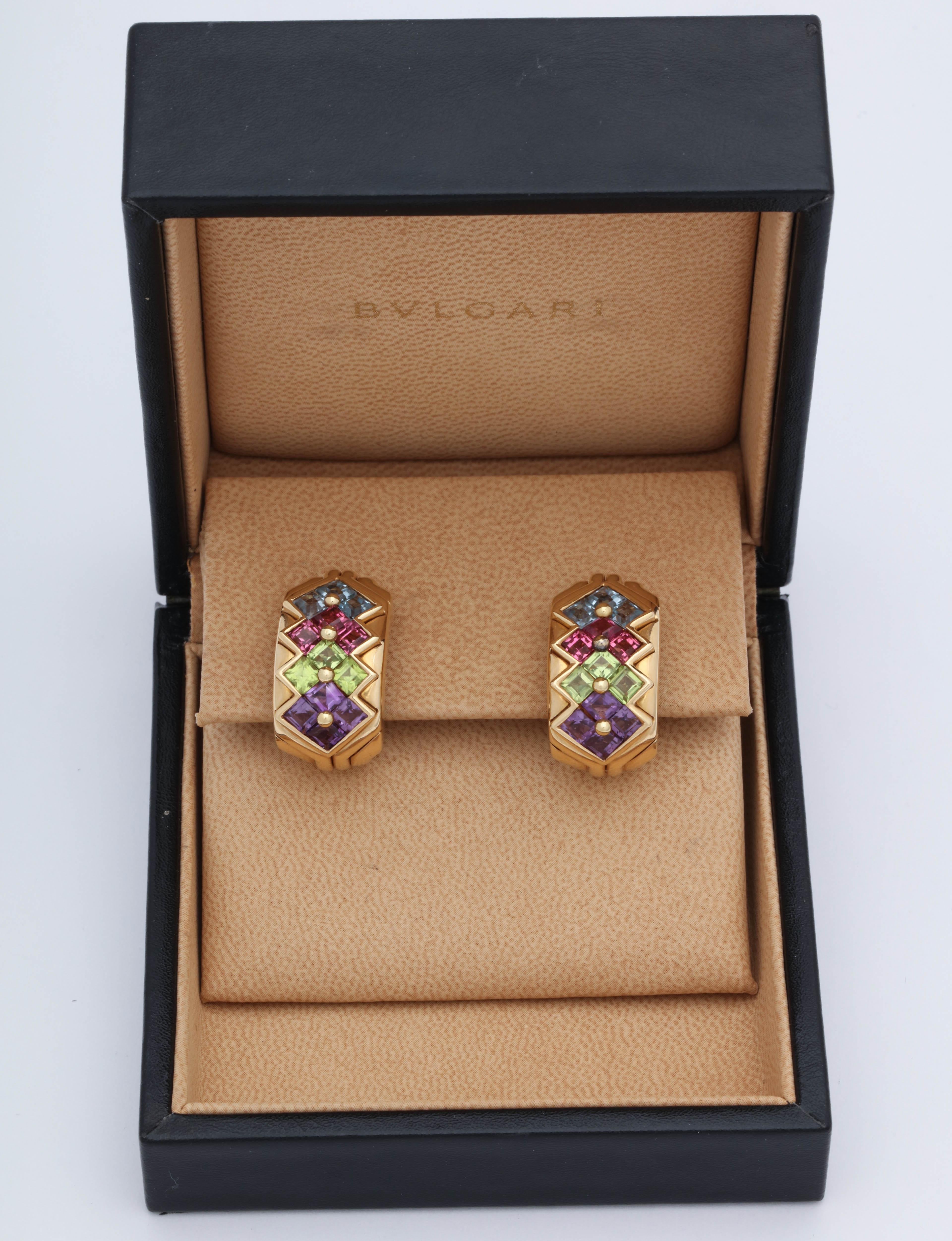 1980s Bvlgari French Cut Semi Precious Colored Stones Gold Earclips with Posts In Good Condition In New York, NY