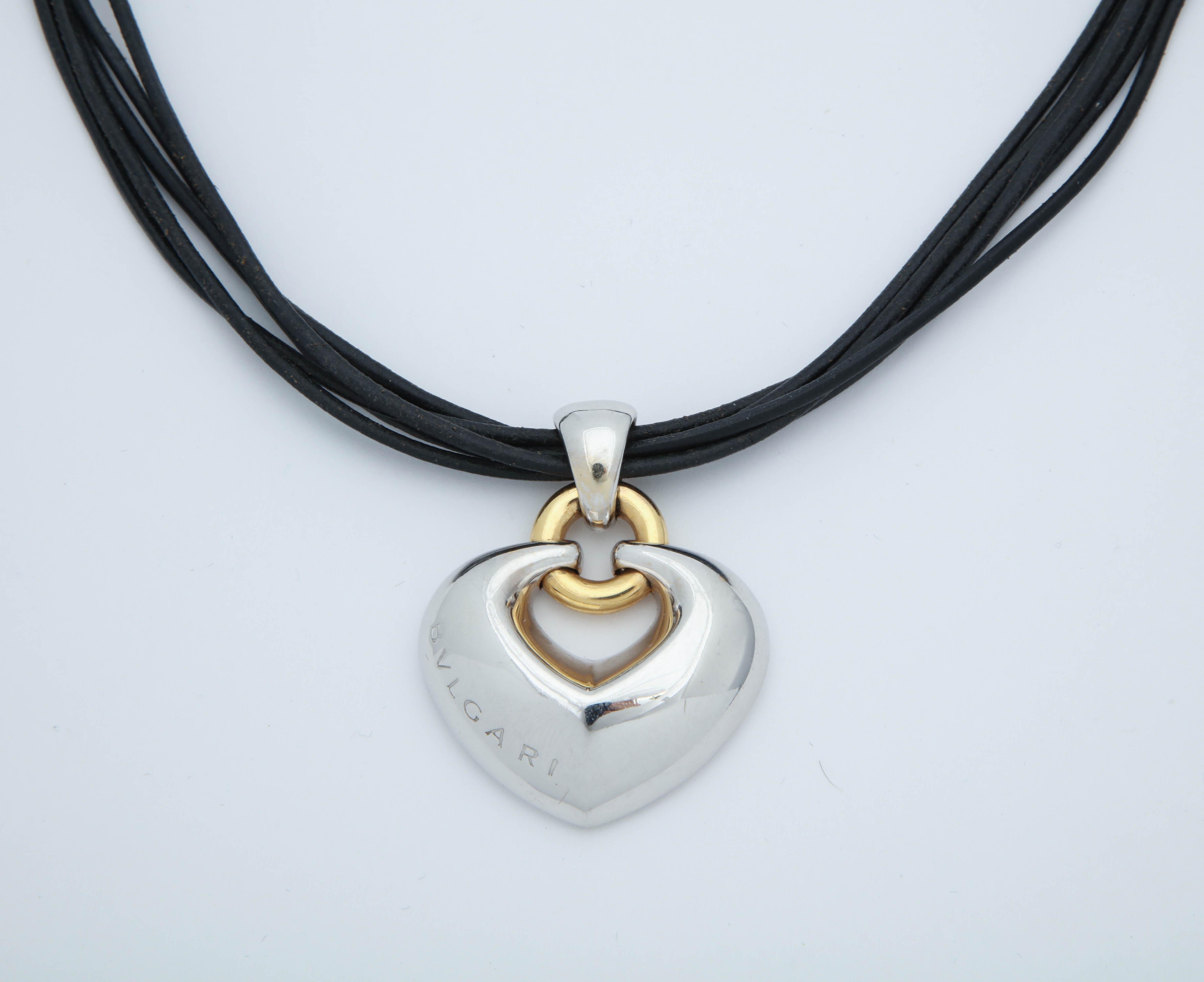 1980s Bvlgari Heart Pendant with Two-Color Gold and Five-Row Cord Necklace In Good Condition In New York, NY