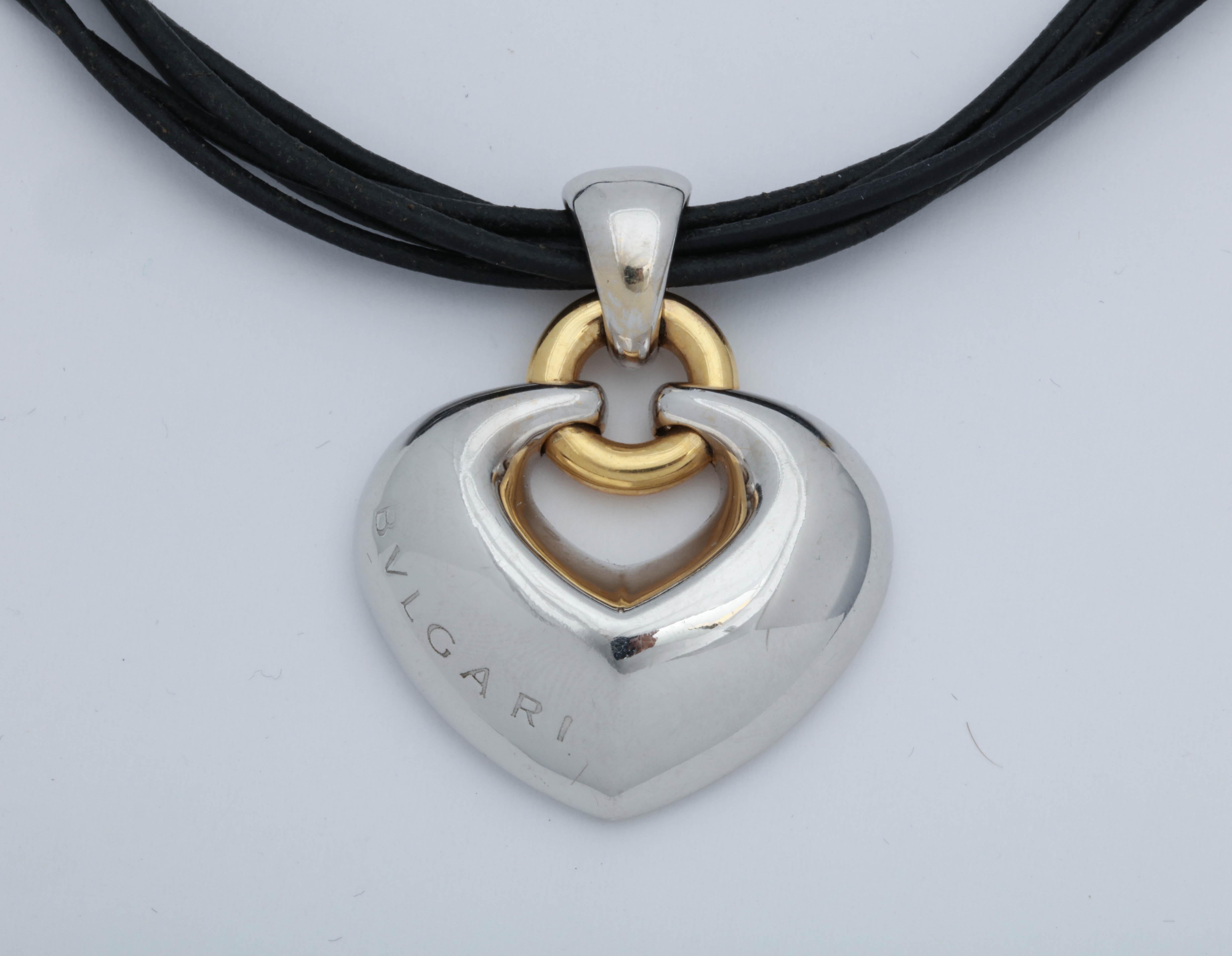 Women's or Men's 1980s Bvlgari Heart Pendant with Two-Color Gold and Five-Row Cord Necklace