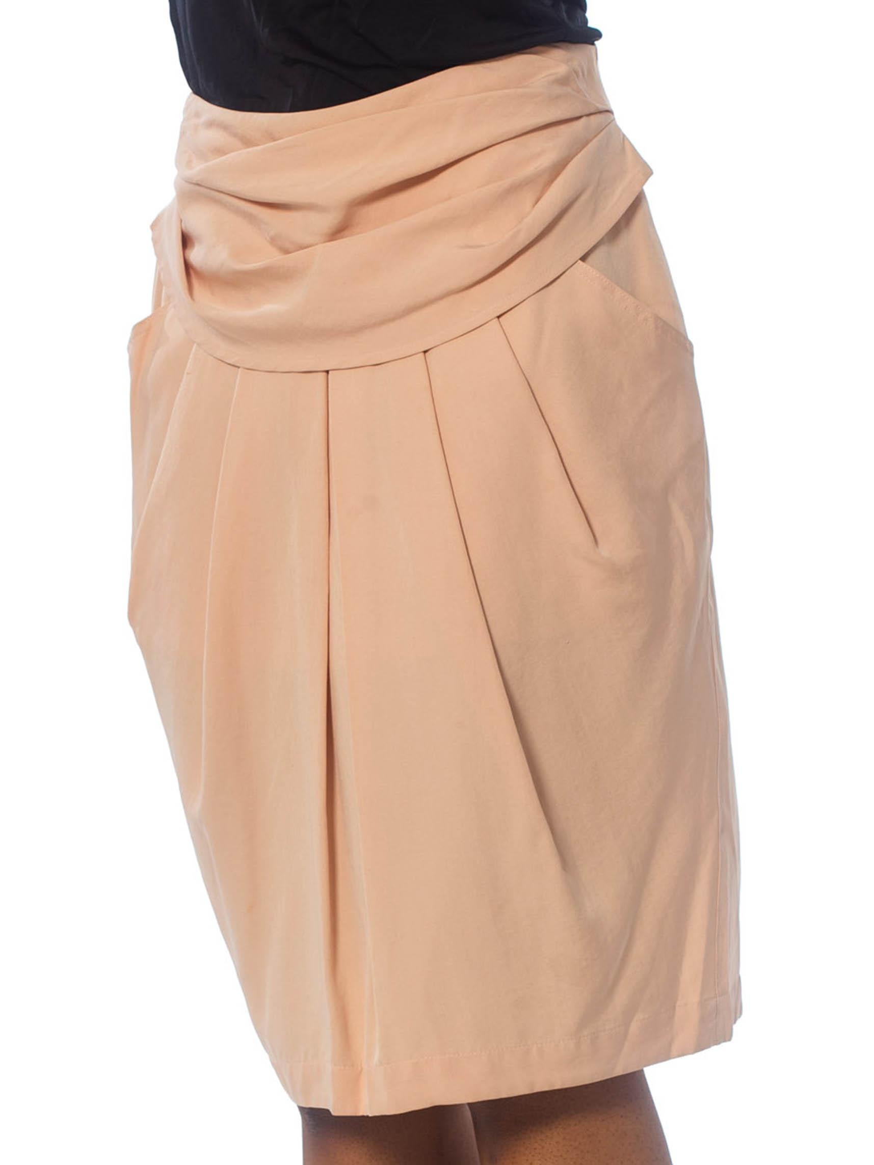 Beige 1980S BYBLOS Blush Pink Silk Faille Skirt With Draped Waist & Pockets For Sale