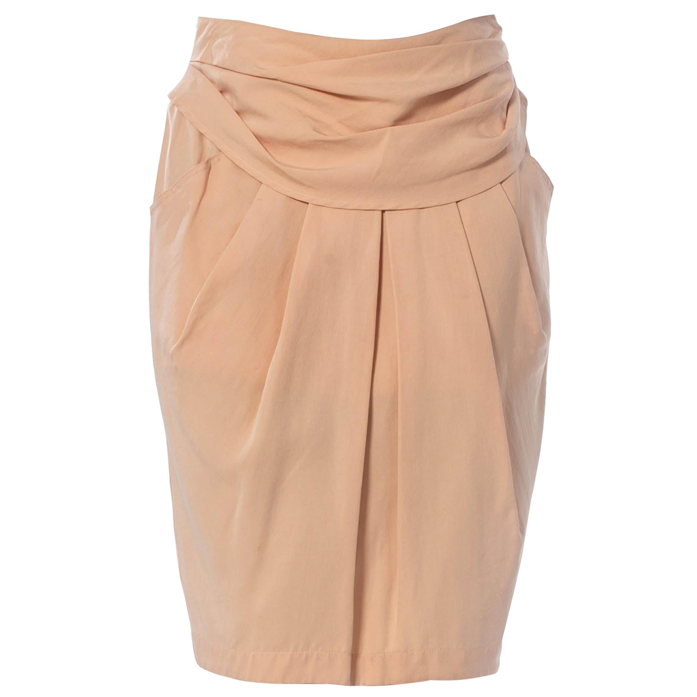 1980S BYBLOS Blush Pink Silk Faille Skirt With Draped Waist & Pockets