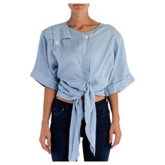 1980S Byblos Light Blue Linen & Cotton Minimal Top With Shoulder Pads