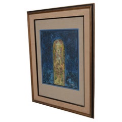 1980er Jahre Byron Galvez Kunst Blaues abstraktes Gemälde in Mischtechnik