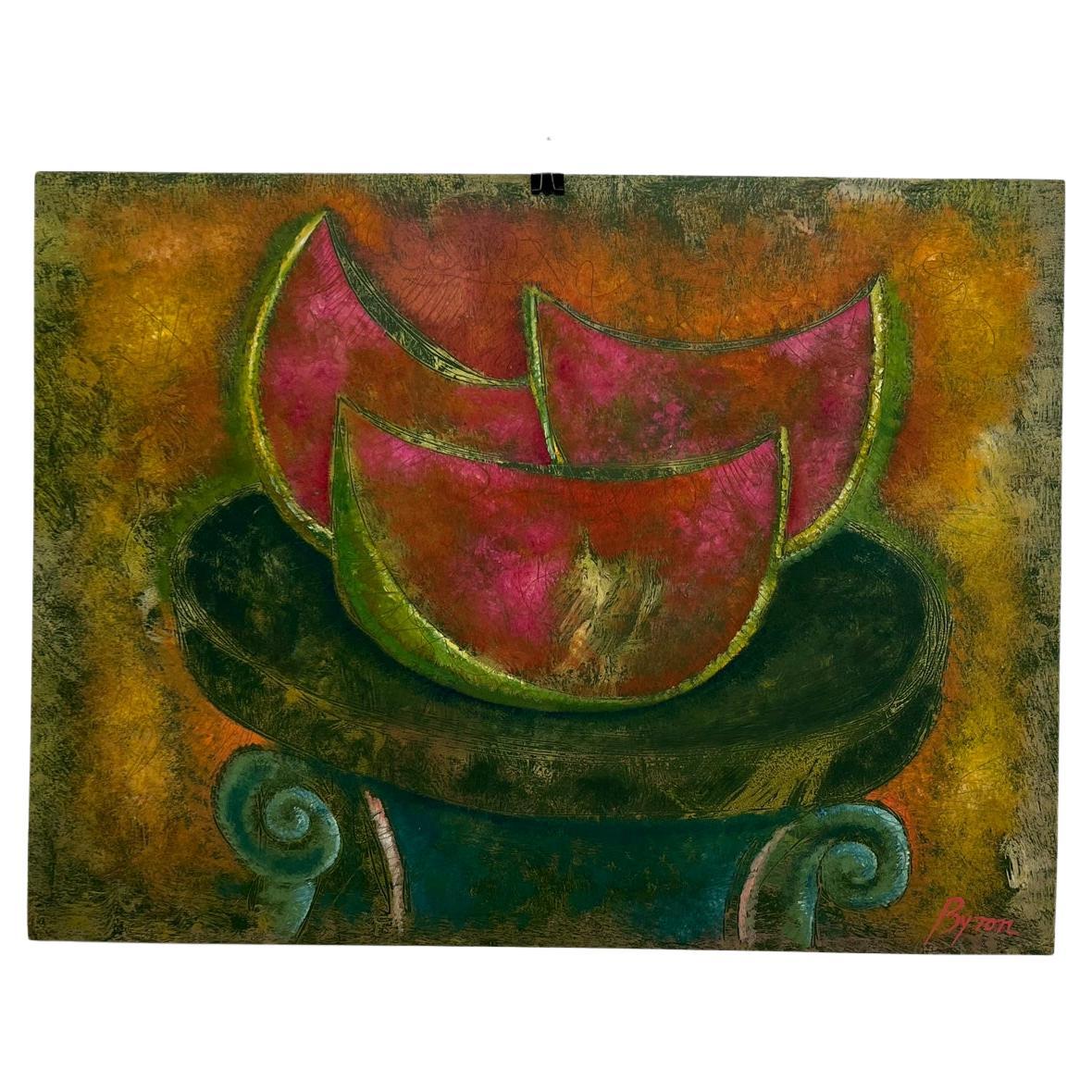 1980 Byron Gálvez Abstrait Pastel Papier Oeuvre d'art Rose Fruit Mexique