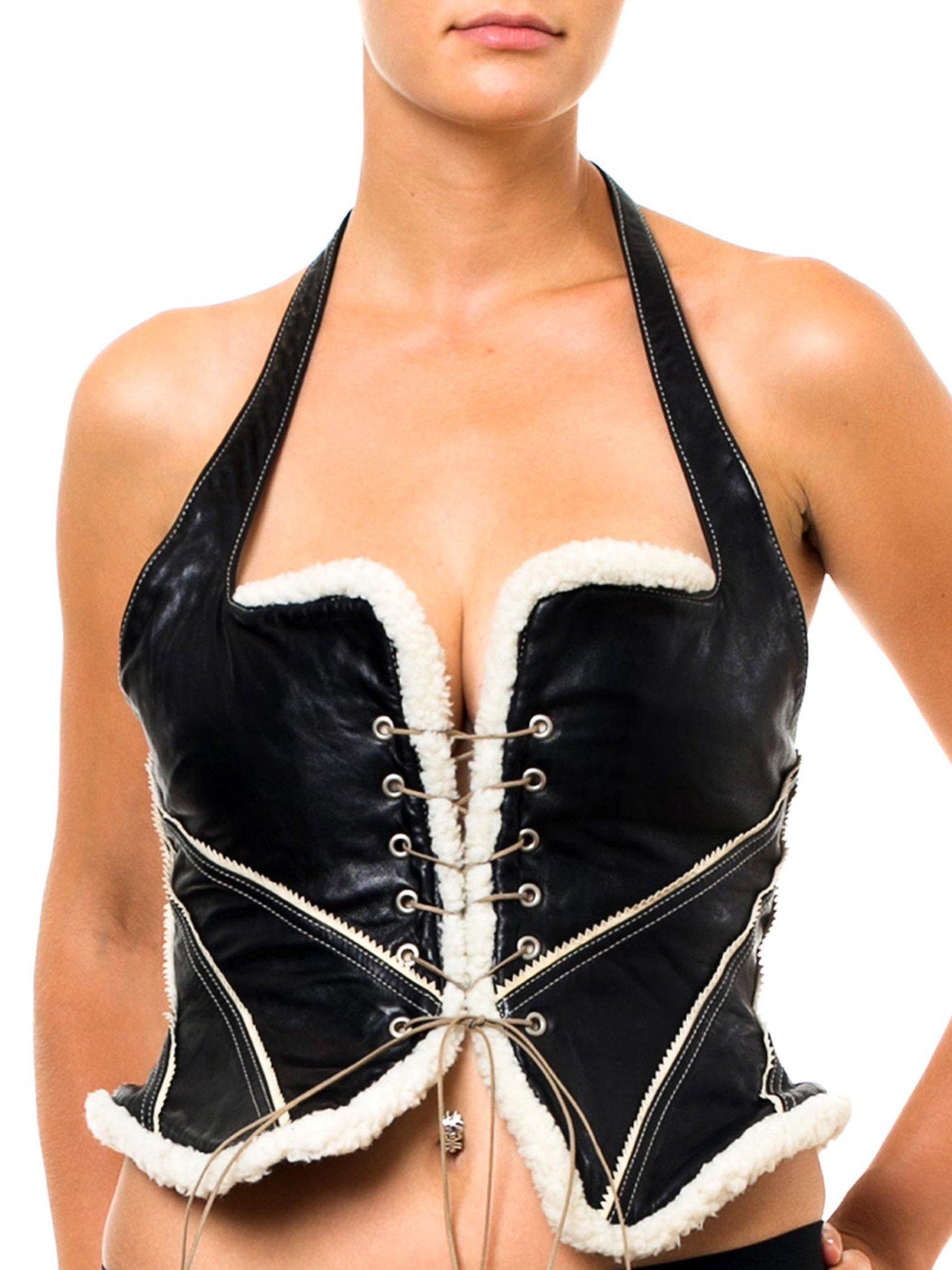 1980S BYRON LARS Black & White Leather Fur Lace Front Halter Bustier In Excellent Condition In New York, NY