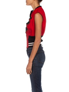 1980S BYRON LARS Gilet con risvolto con cerniera in misto cotone rosso, nero e bianco con maglia S. White