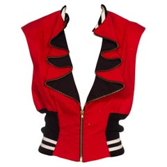 1980S BYRON LARS Red Black & White Cotton Blend Zippered Lapel Vest With Knit S