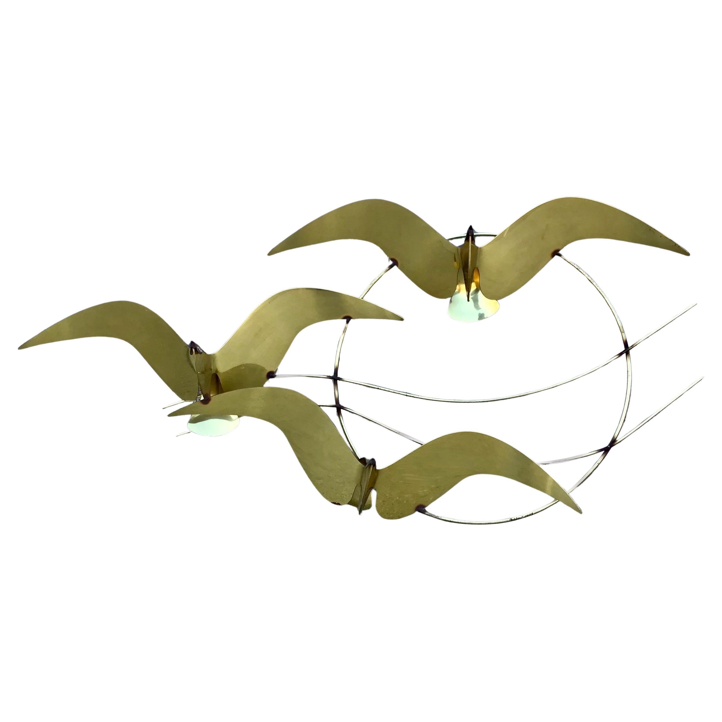 1980s C Jere Brass Plated Bird Flock of Seagulls Wall Sculpture, Signed and Date For Sale