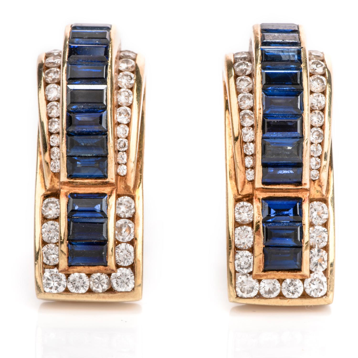 1980's  vintage Elegant Designer Charles Krypell diamond and sapphire earrings for pierced ears crafted in 18K yellow gold.

Material: 18K yellow gold

Weight: 24.9 grams

Dimensions: 25mm x 10mm

Diamonds: 64 round cut Diamonds approx: 1.40cttw,
