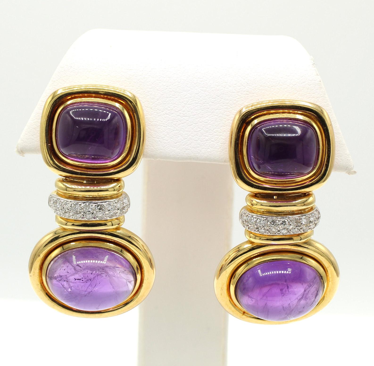 1980er Cabochon Amethyst Diamant 18 Karat Gelbgold Ohrringe (Gemischter Schliff) im Angebot