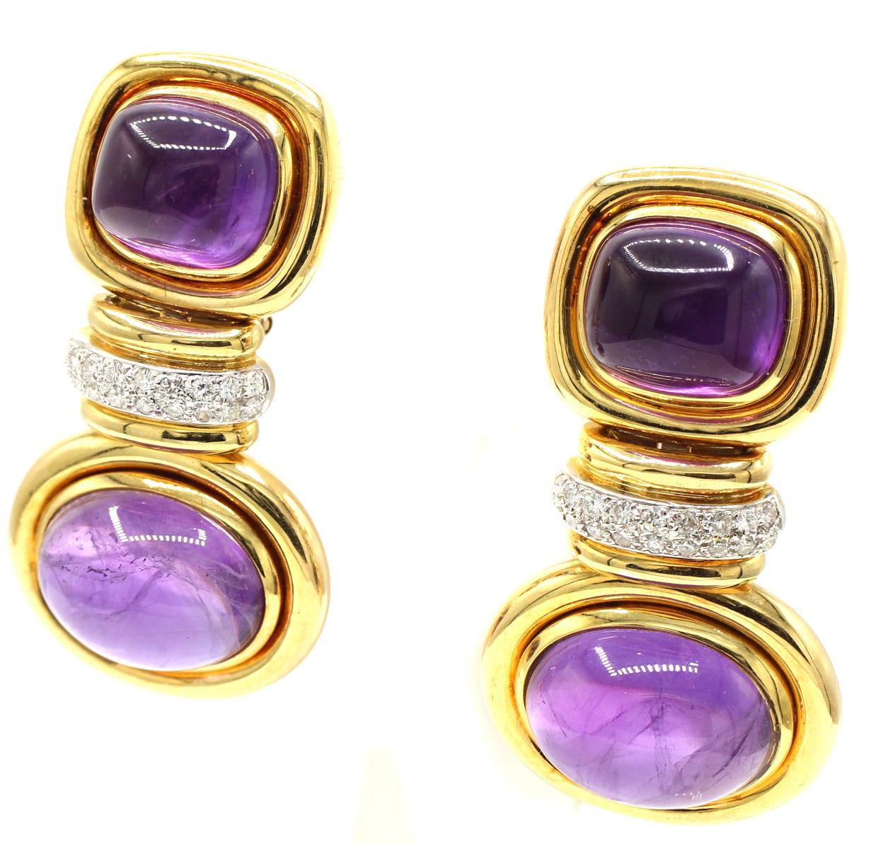 1980er Cabochon Amethyst Diamant 18 Karat Gelbgold Ohrringe im Zustand „Hervorragend“ im Angebot in New York, NY