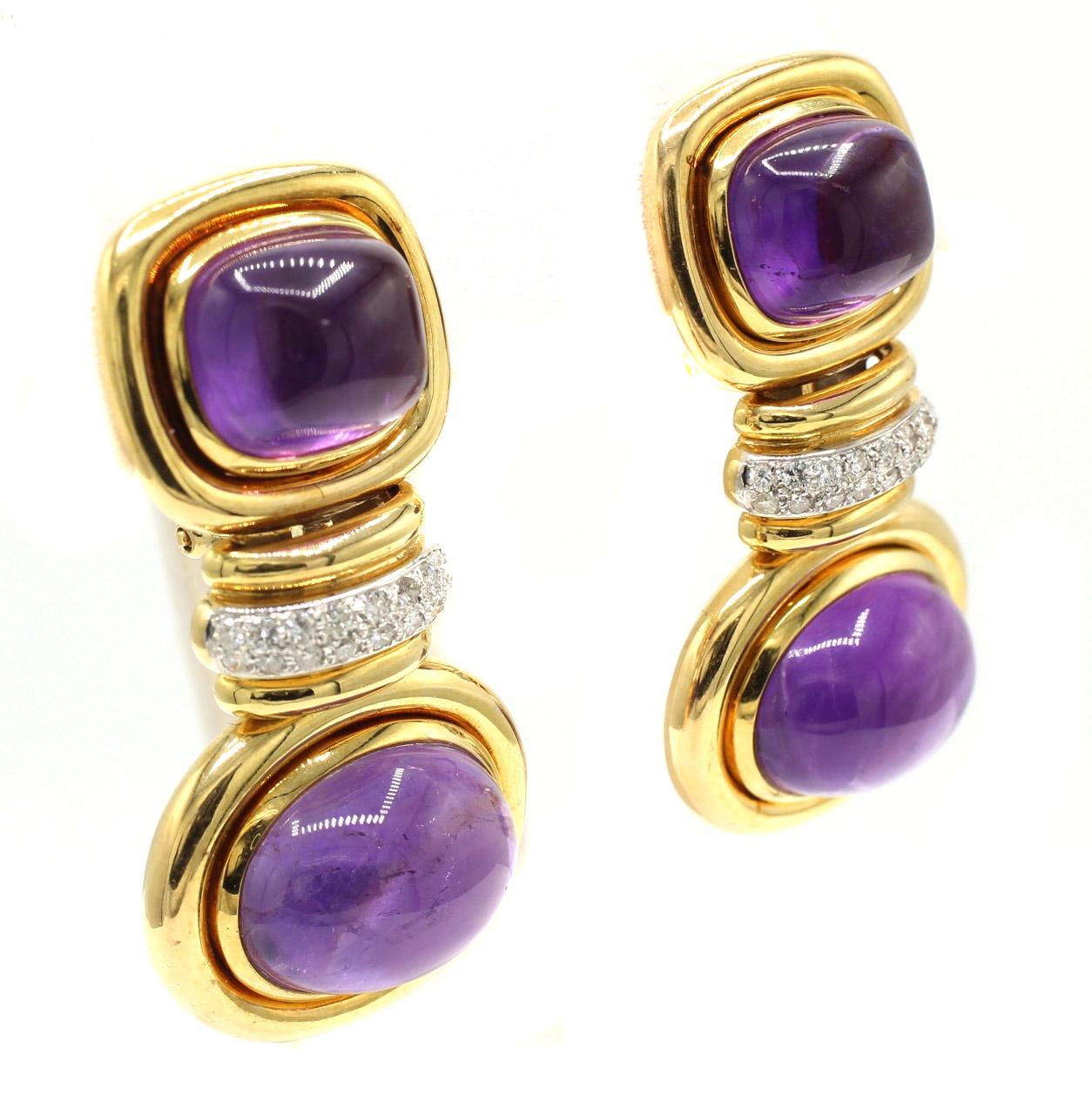 1980er Cabochon Amethyst Diamant 18 Karat Gelbgold Ohrringe für Damen oder Herren im Angebot