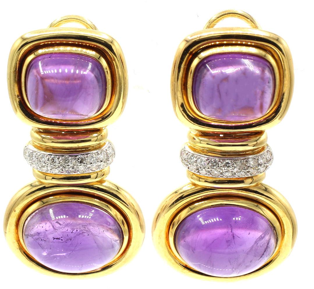 1980er Cabochon Amethyst Diamant 18 Karat Gelbgold Ohrringe im Angebot 2