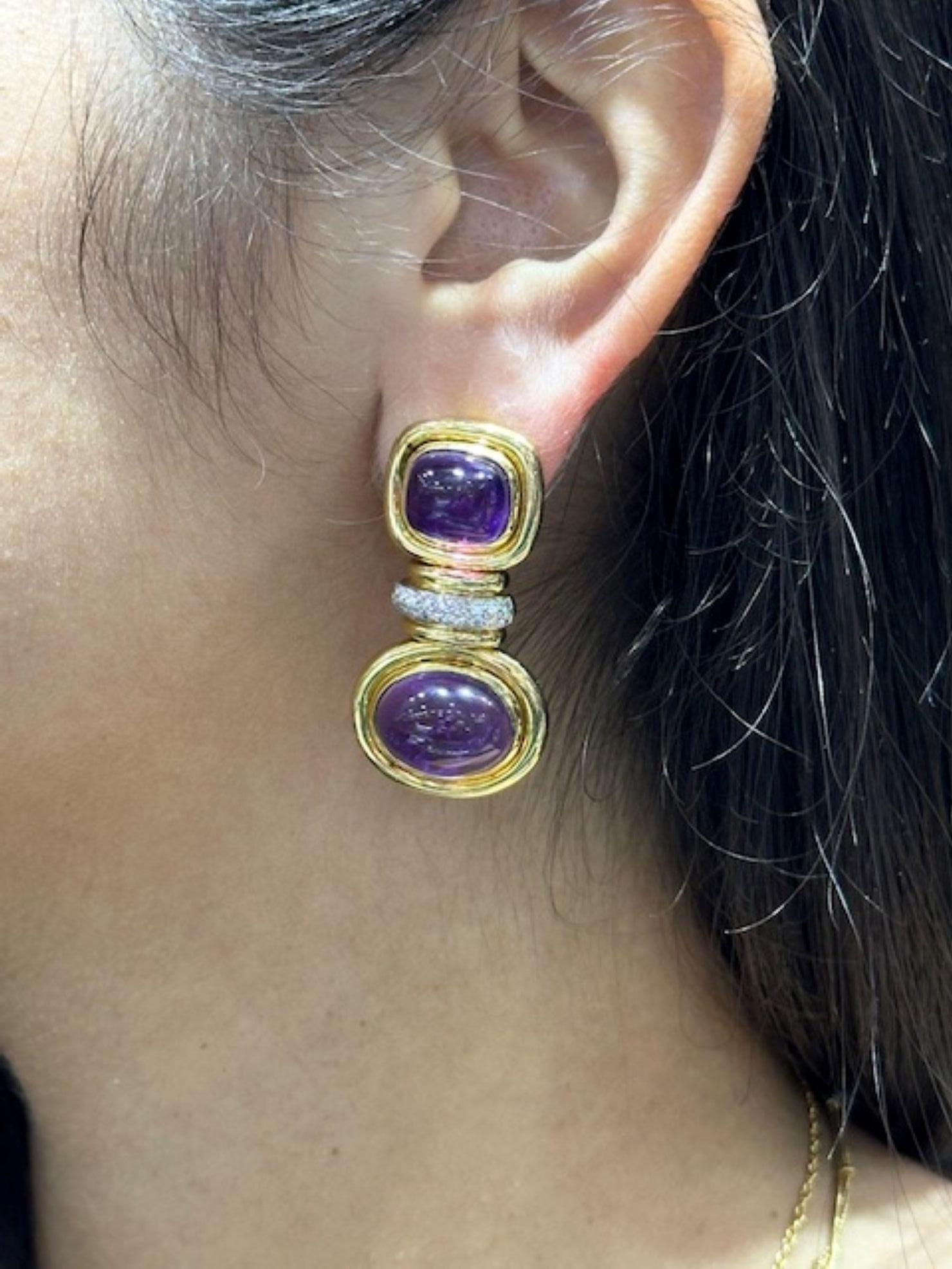 1980er Cabochon Amethyst Diamant 18 Karat Gelbgold Ohrringe im Angebot 4