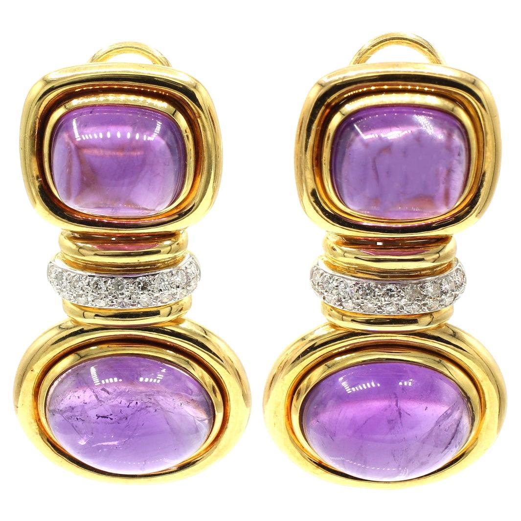 1980s Cabochon Amethyst Diamond 18 Karat Yellow Gold Earrings