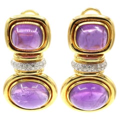 1980s Cabochon Amethyst Diamond 18 Karat Yellow Gold Earrings