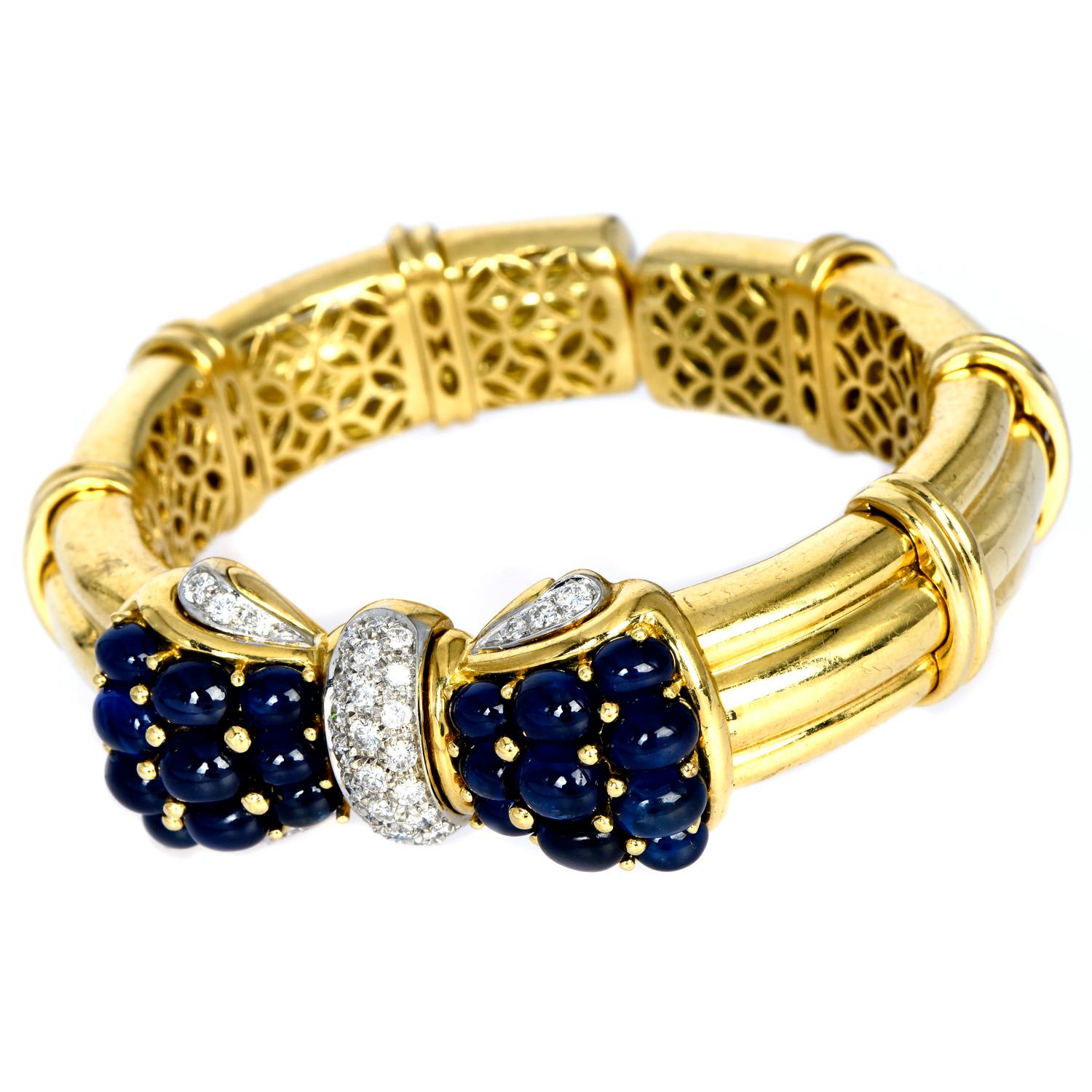 1980's Cabochon Blauer Saphir Diamant 18K Gold Schleife Armspange Armspange Armband (Moderne) im Angebot
