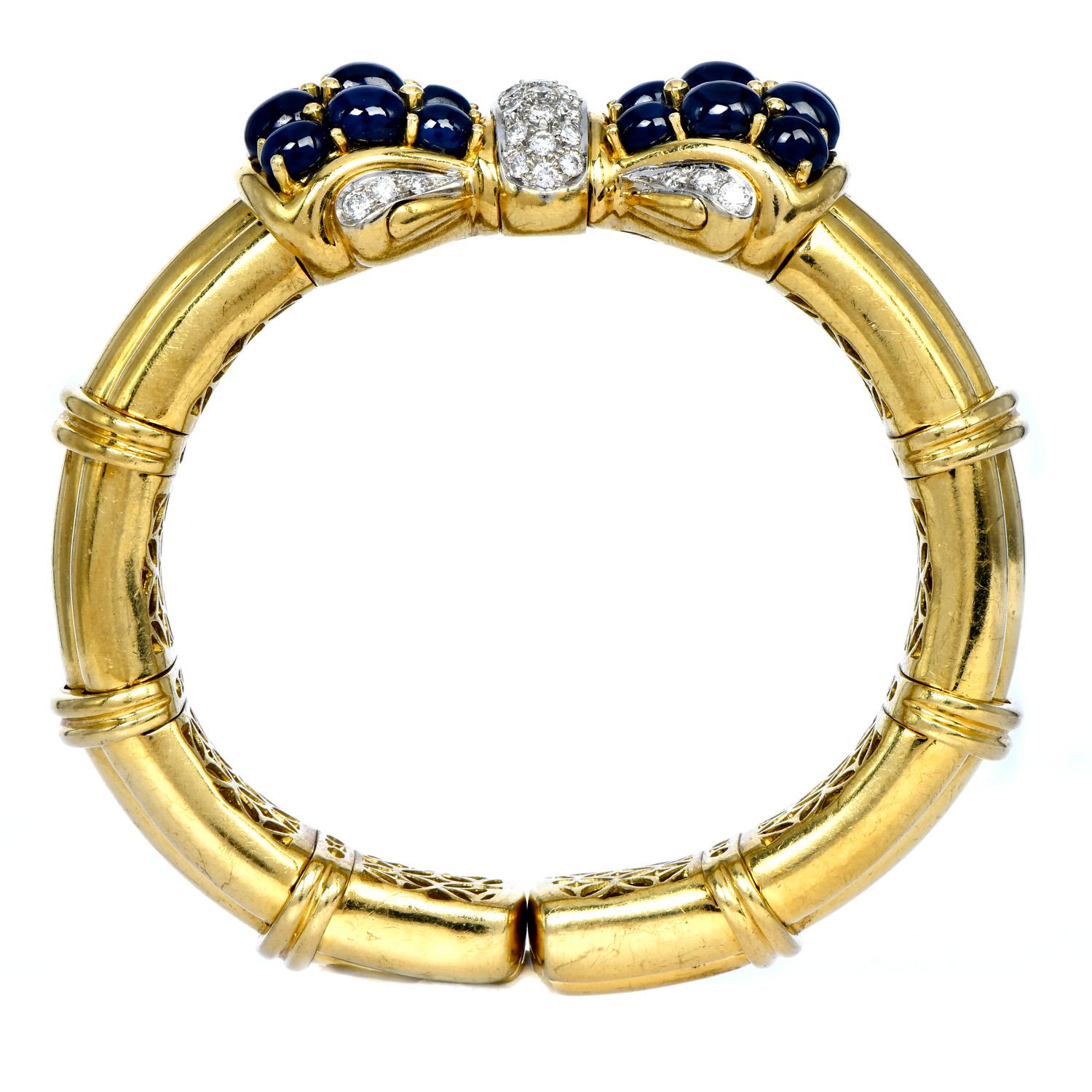 Modern 1980's Cabochon Blue Sapphire Diamond 18K Gold Bow Cuff Bangle Bracelet For Sale