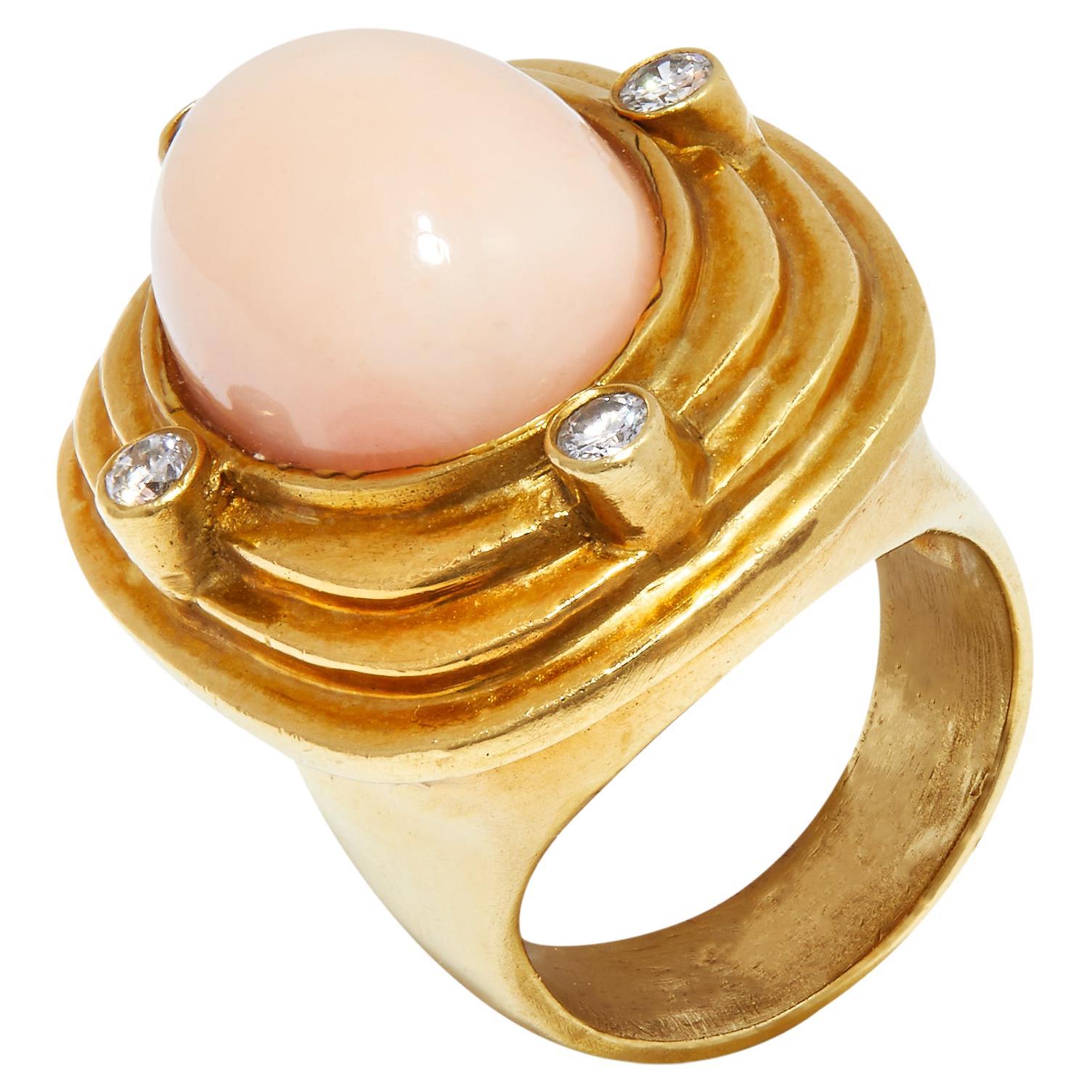 Statement Gold Ring With Angel Skin Coral And Diamonds For Sale