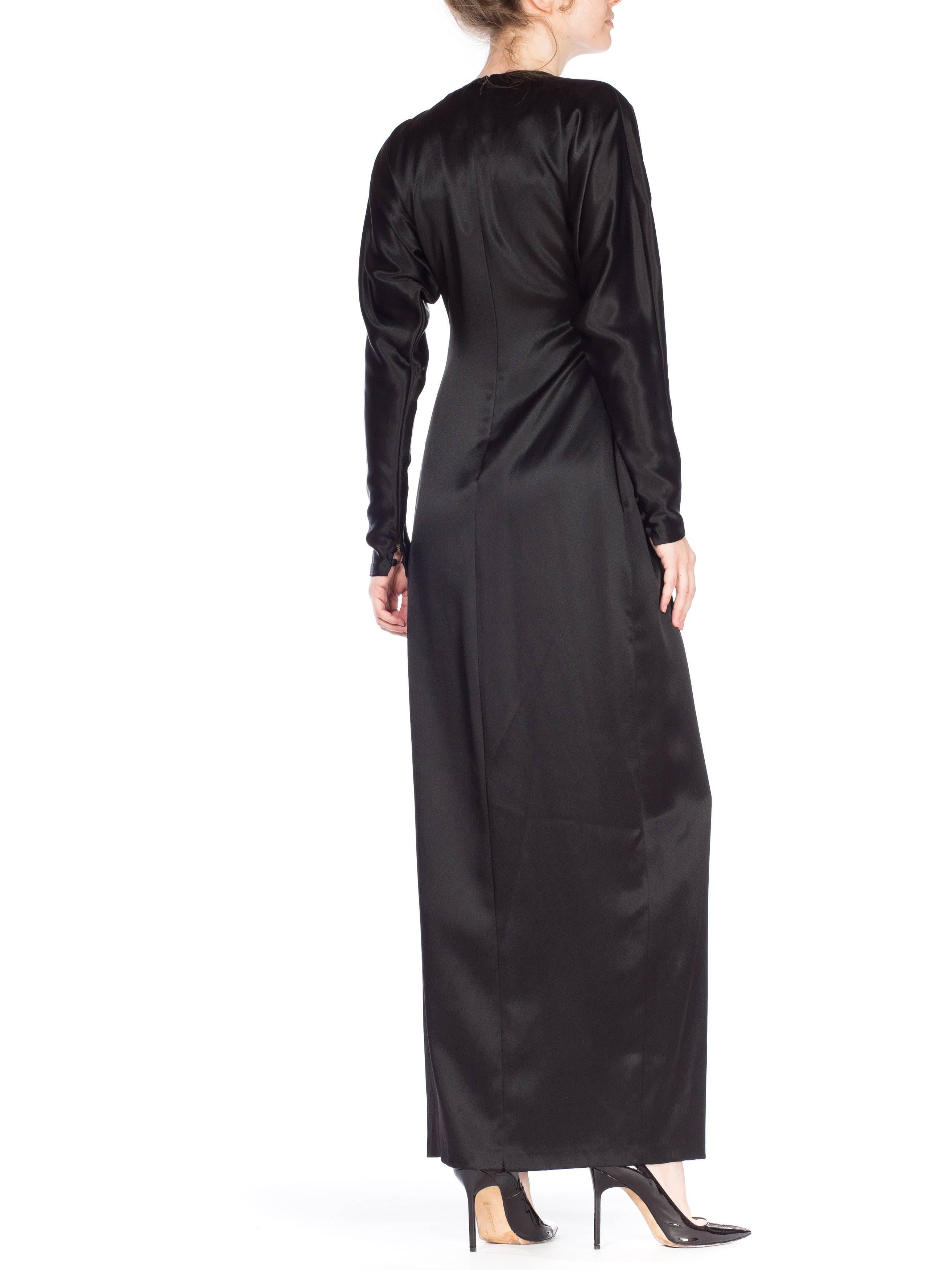 1990s Calvin Klein Black Silk Satin Dolman Sleeve Draped Front Column Dress 1