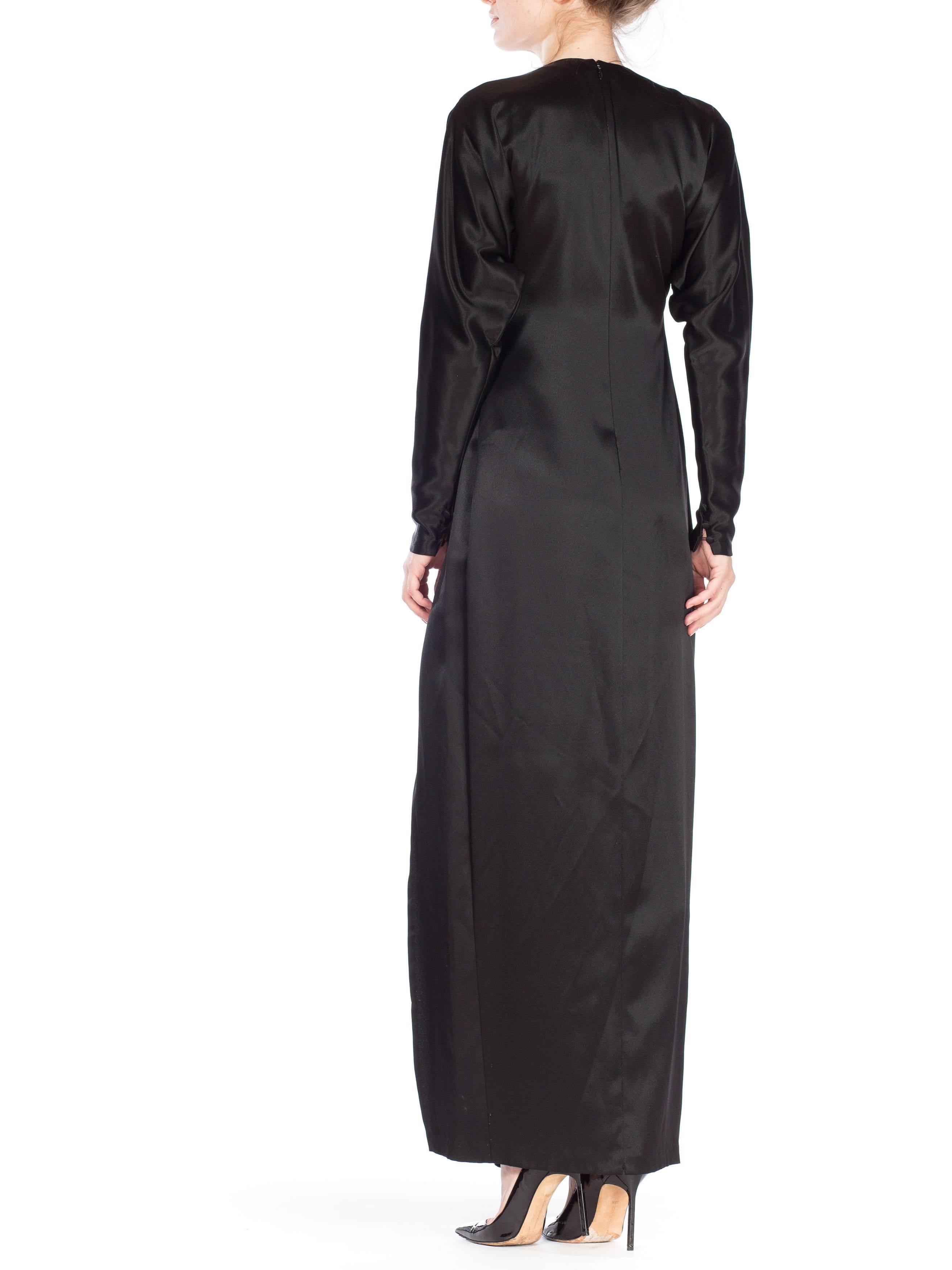 1990s Calvin Klein Black Silk Satin Dolman Sleeve Draped Front Column Dress 2