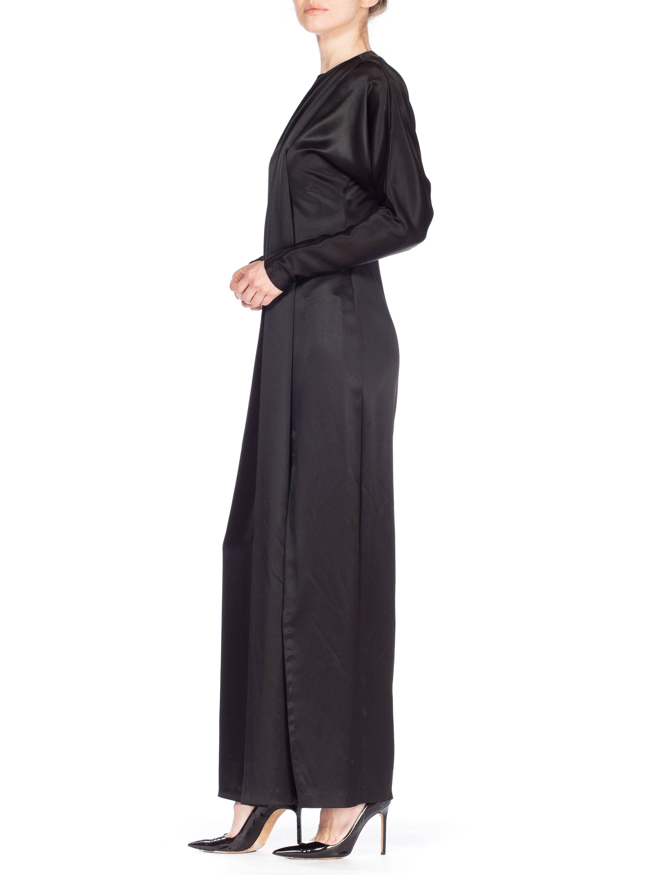 1990s Calvin Klein Black Silk Satin Dolman Sleeve Draped Front Column Dress 3