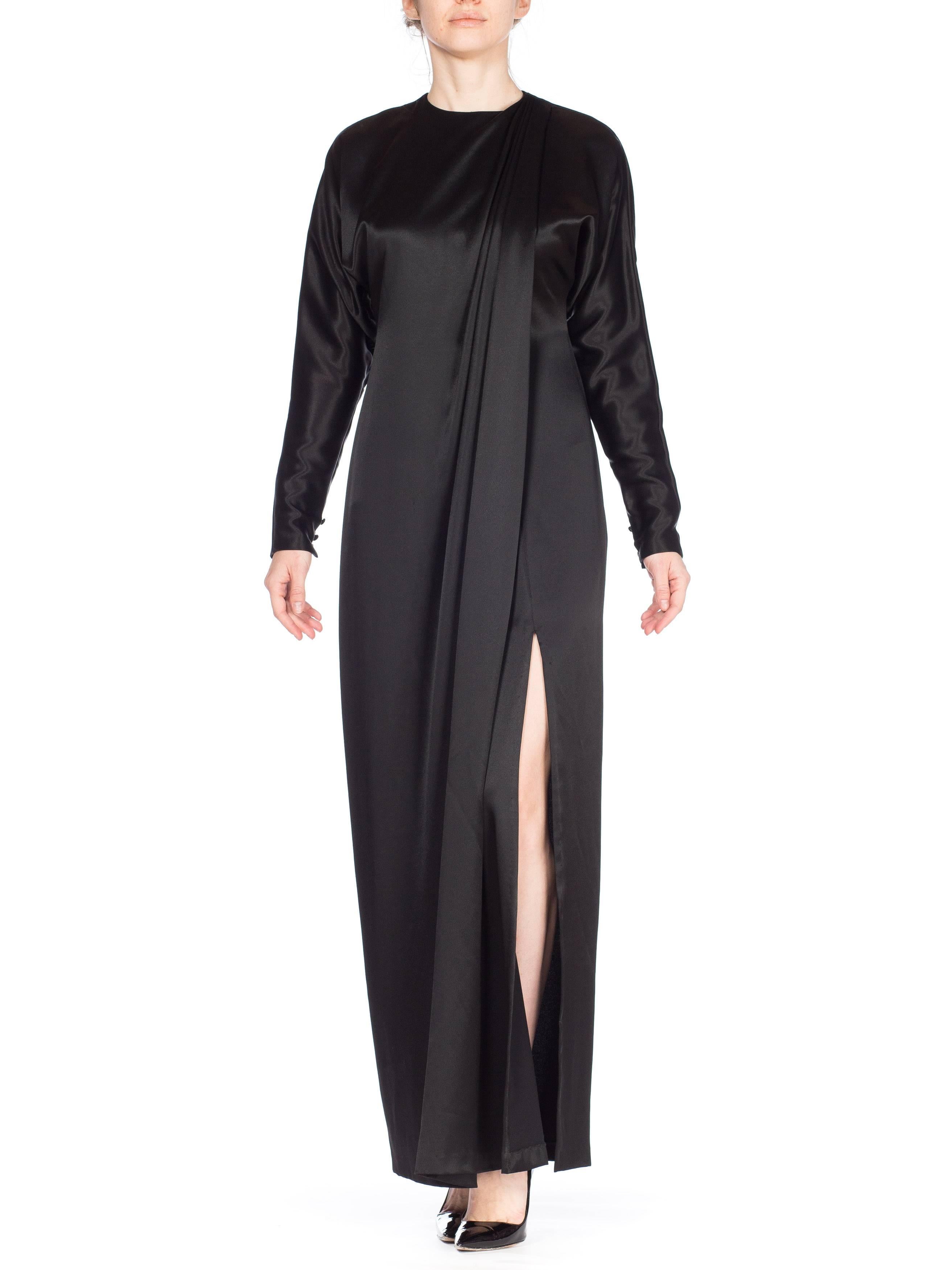 1990s Calvin Klein Black Silk Satin Dolman Sleeve Draped Front Column Dress 4
