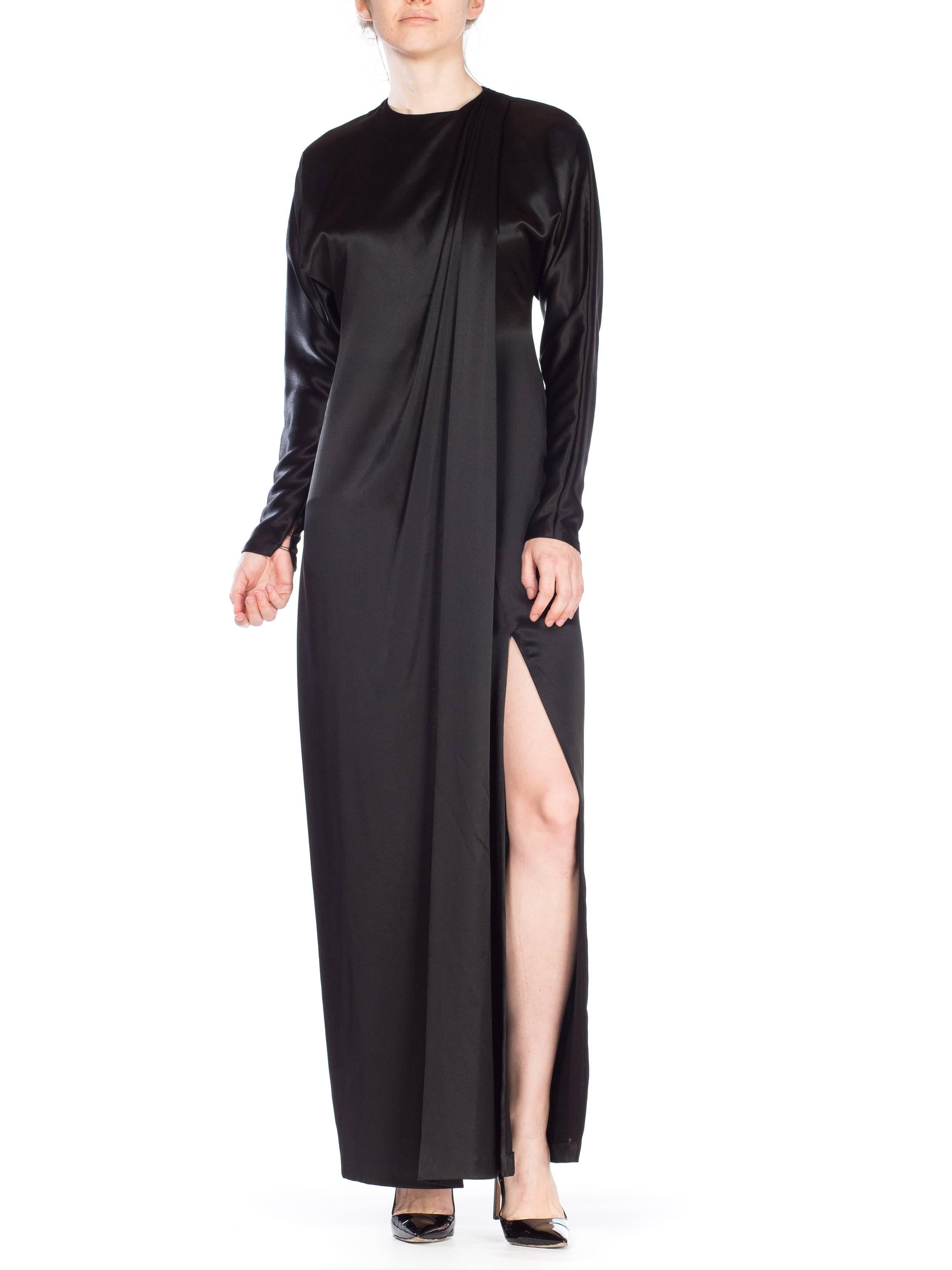 1990s Calvin Klein Black Silk Satin Dolman Sleeve Draped Front Column Dress 5