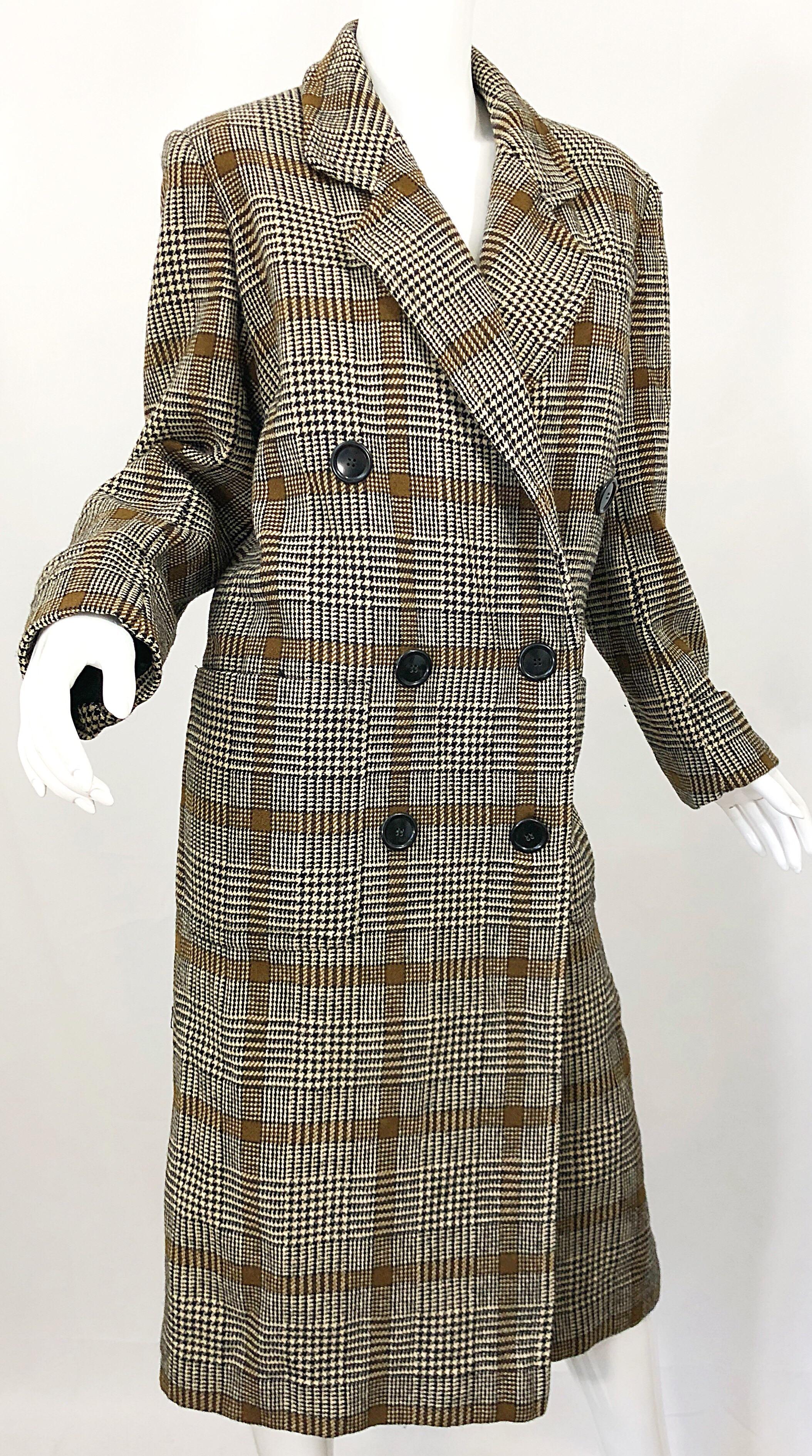 Vintage Calvin Klein Brown 1980s Glen Plaid Double Breasted 80s Wool Jacket Coat For Sale 4