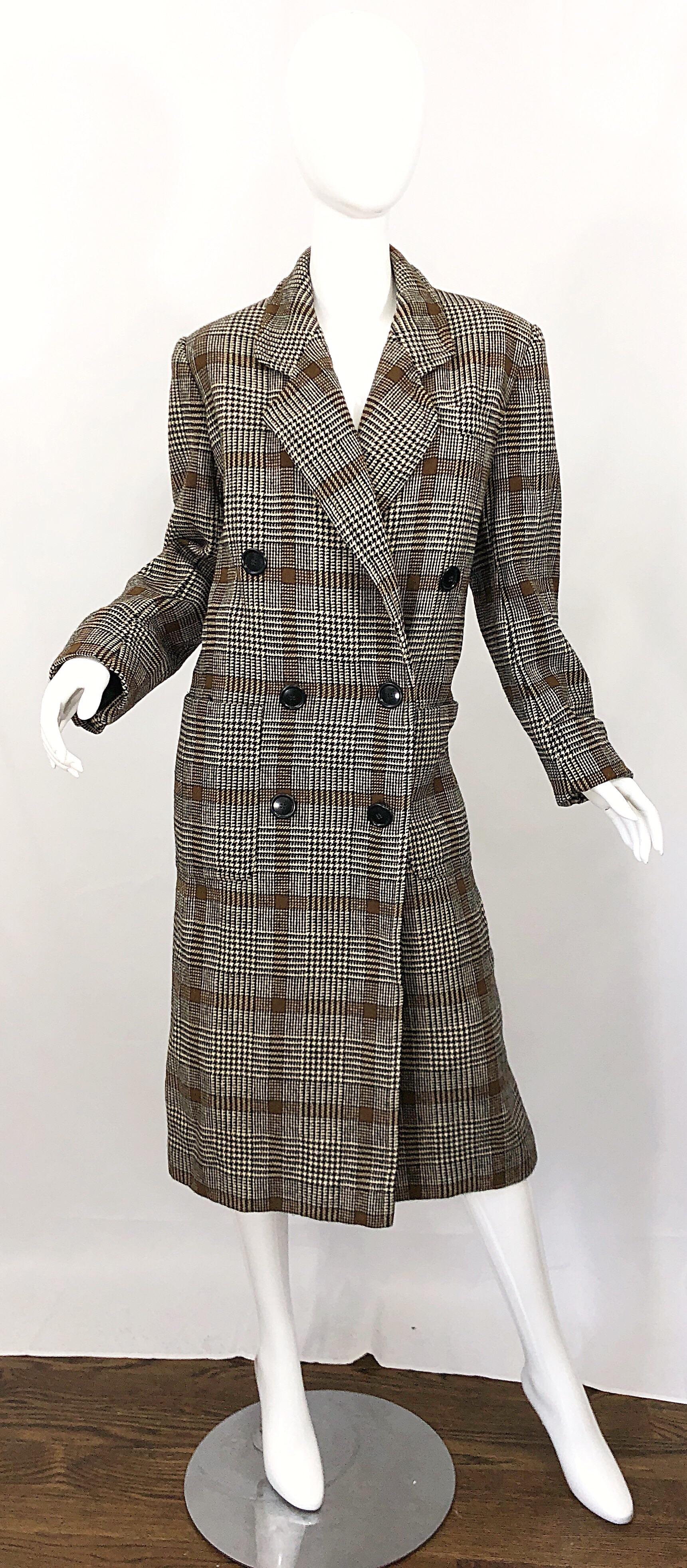 Vintage Calvin Klein Brown 1980s Glen Plaid Double Breasted 80s Wool Jacket Coat For Sale 6