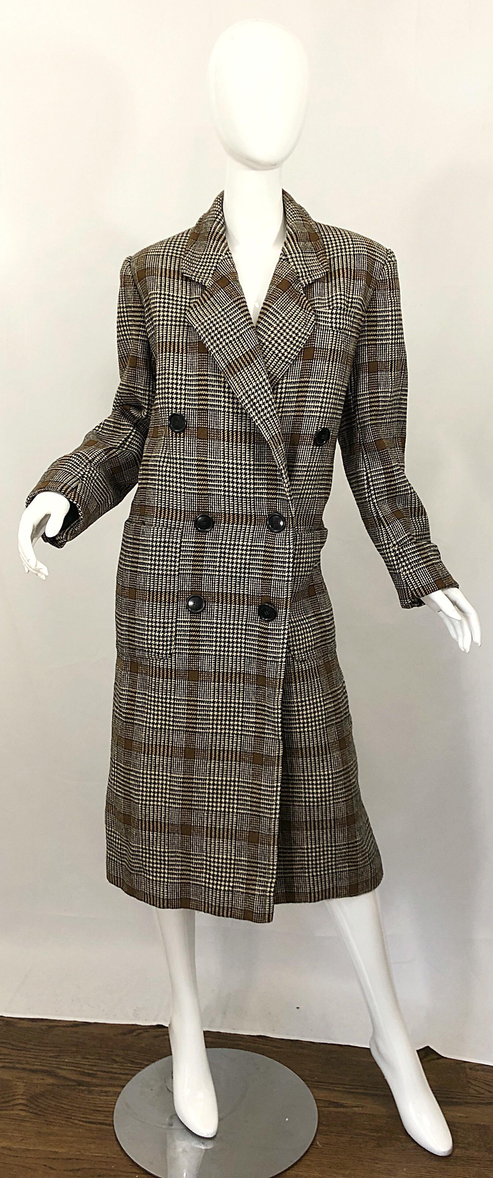Vintage Calvin Klein Brown 1980s Glen Plaid Double Breasted 80s Wool Jacket Coat For Sale 8