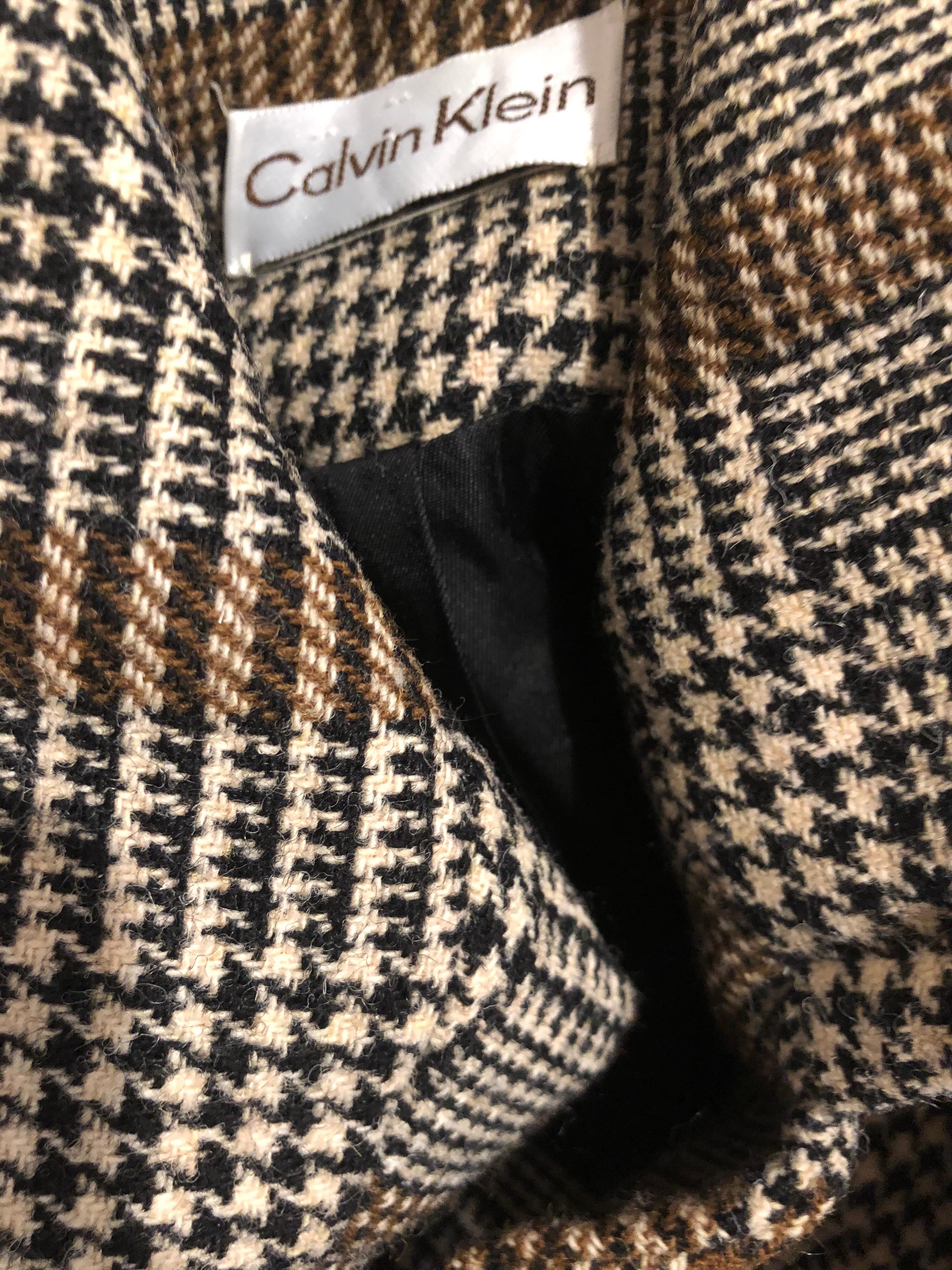 Vintage Calvin Klein Brown 1980s Glen Plaid Double Breasted 80s Wool Jacket Coat For Sale 9