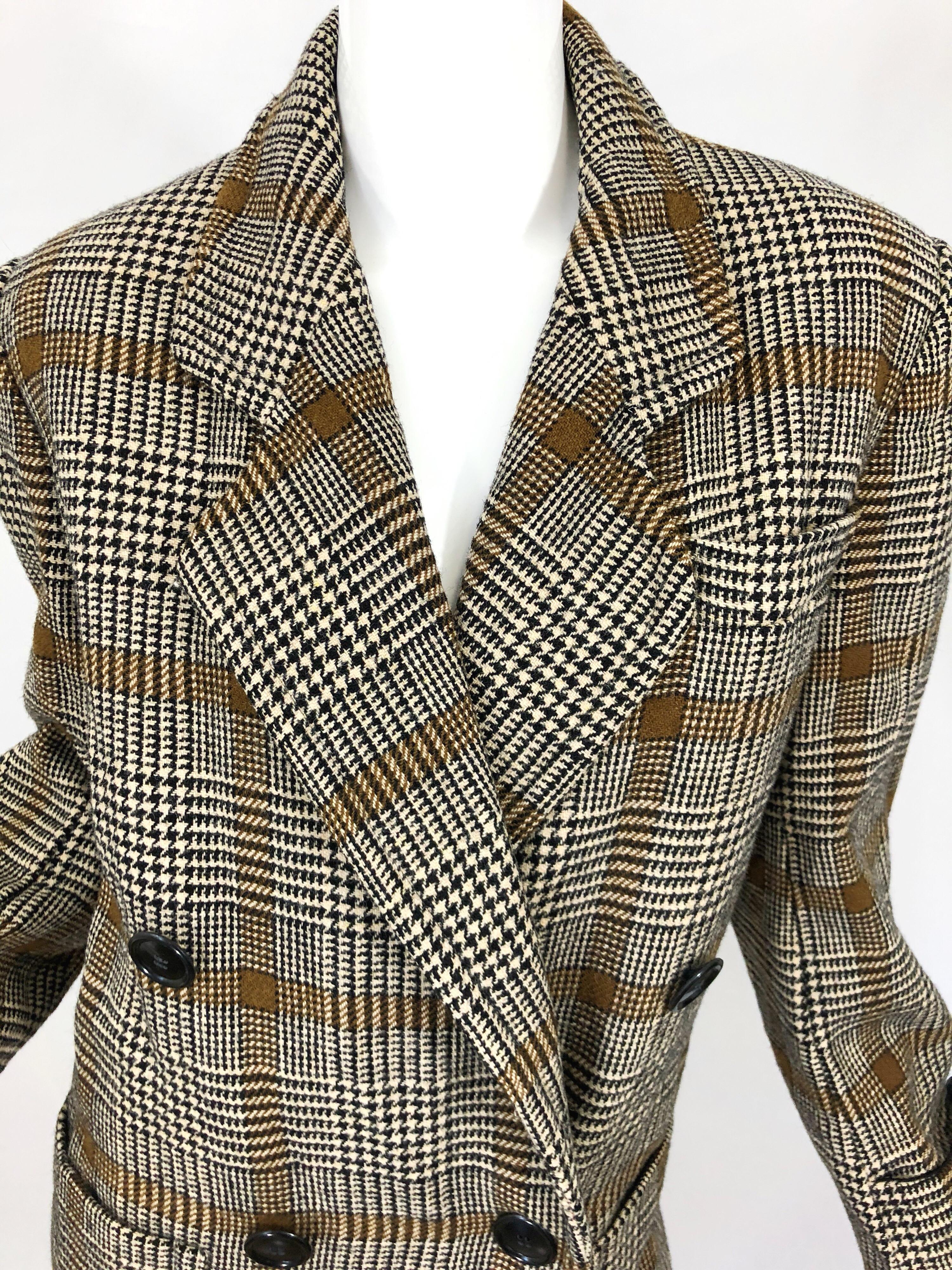 Marron Calvin Klein - Manteau vintage en laine marron à carreaux, à double boutonnage, années 1980 en vente