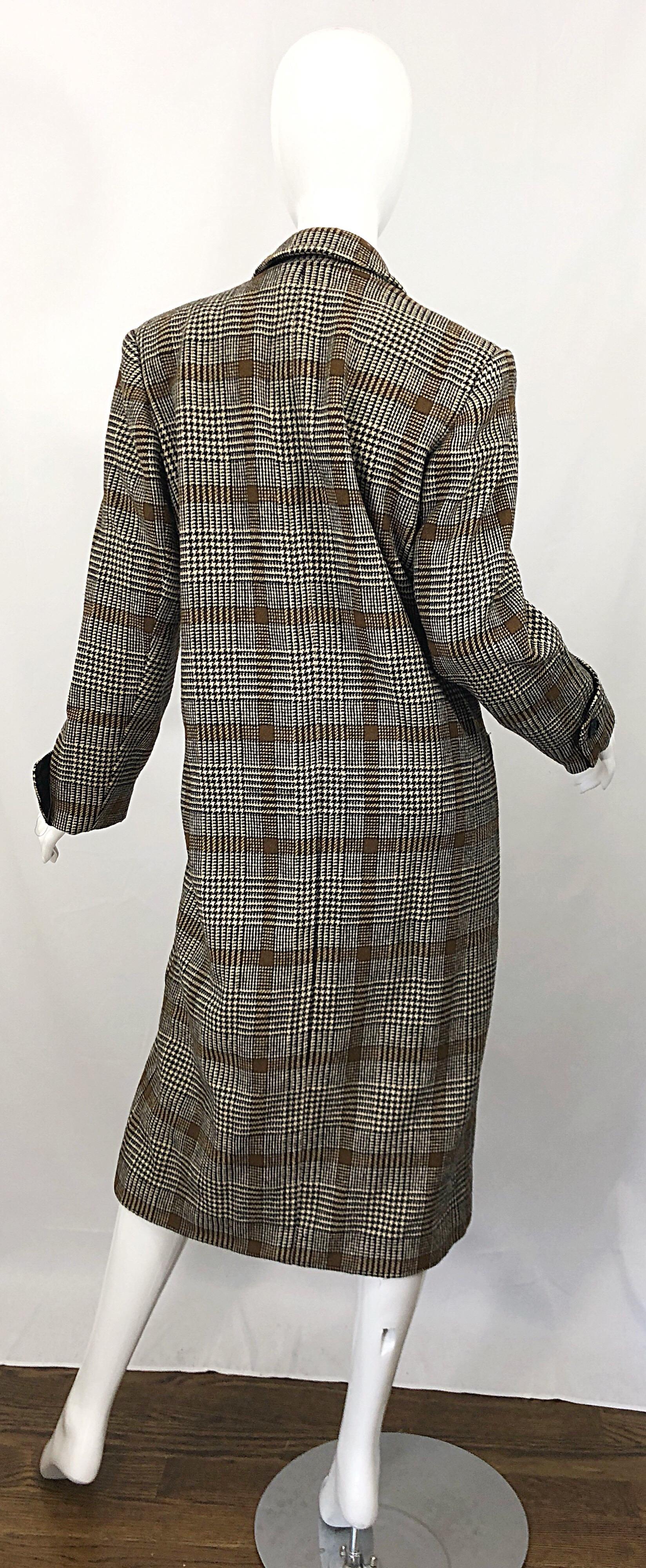 Vintage Calvin Klein Braun 1980er Glen Plaid Zweireihiger Wollmantel aus den 80er Jahren Damen im Angebot