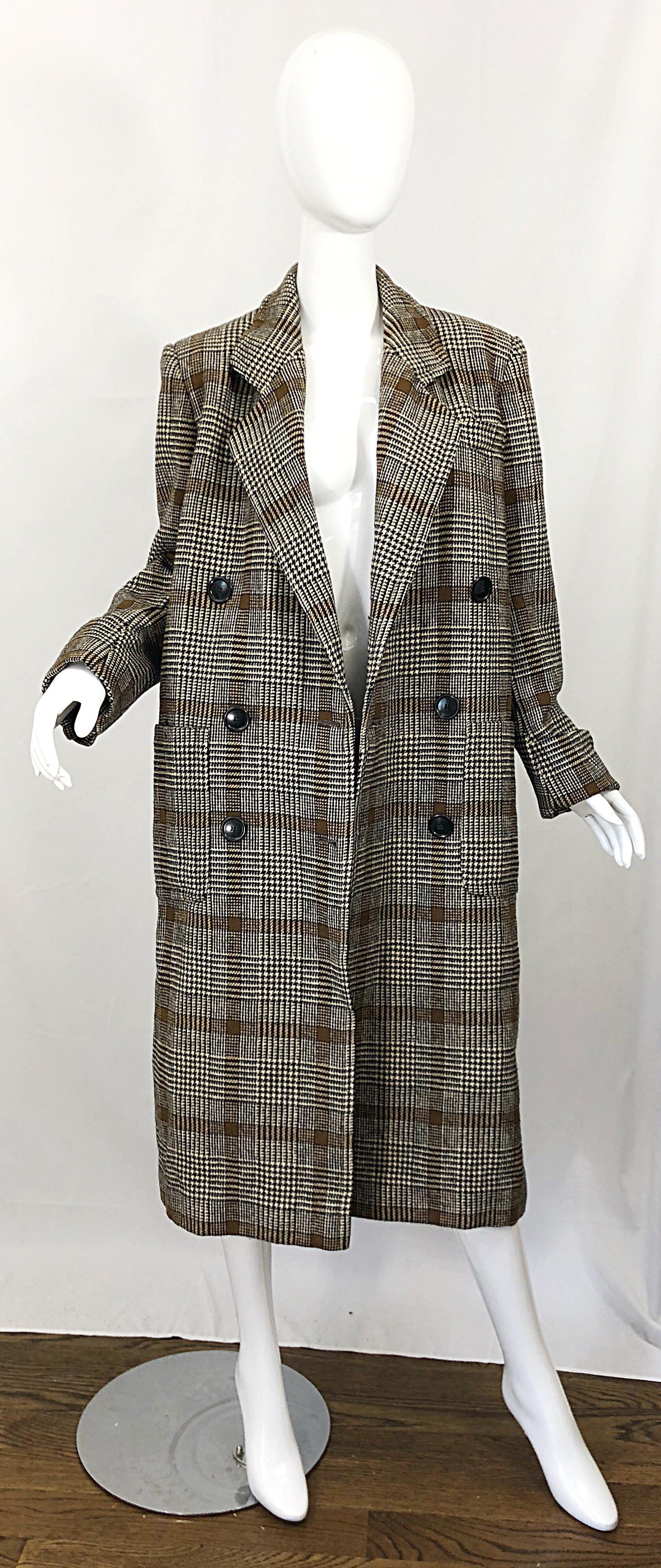 Vintage Calvin Klein Braun 1980er Glen Plaid Zweireihiger Wollmantel aus den 80er Jahren im Angebot 1