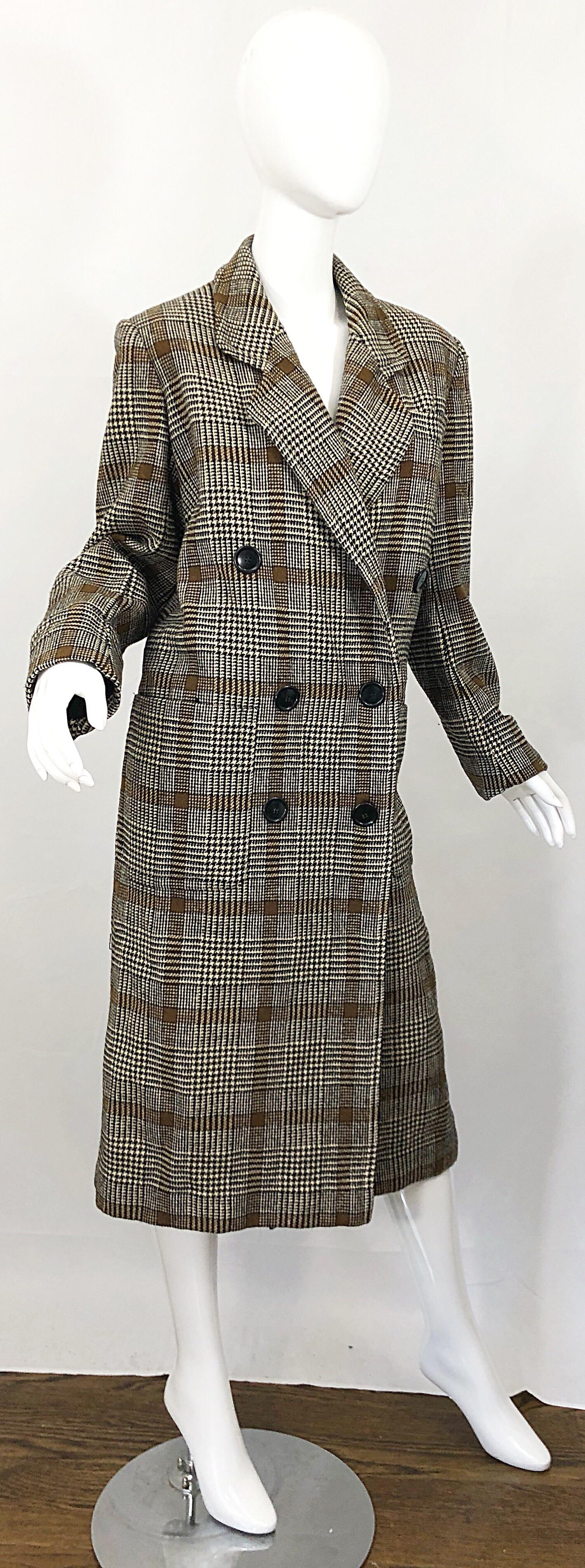 Vintage Calvin Klein Brown 1980s Glen Plaid Double Breasted 80s Wool Jacket Coat In Excellent Condition For Sale In San Diego, CA