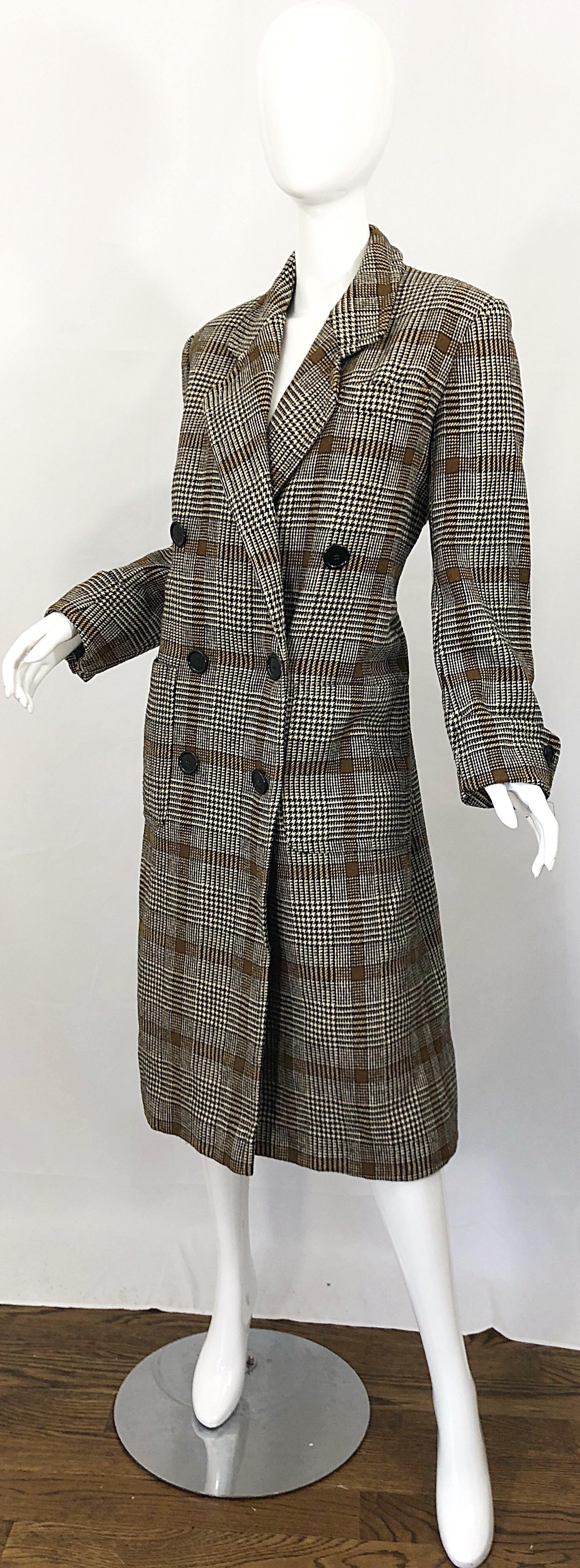 Women's Vintage Calvin Klein Brown 1980s Glen Plaid Double Breasted 80s Wool Jacket Coat For Sale