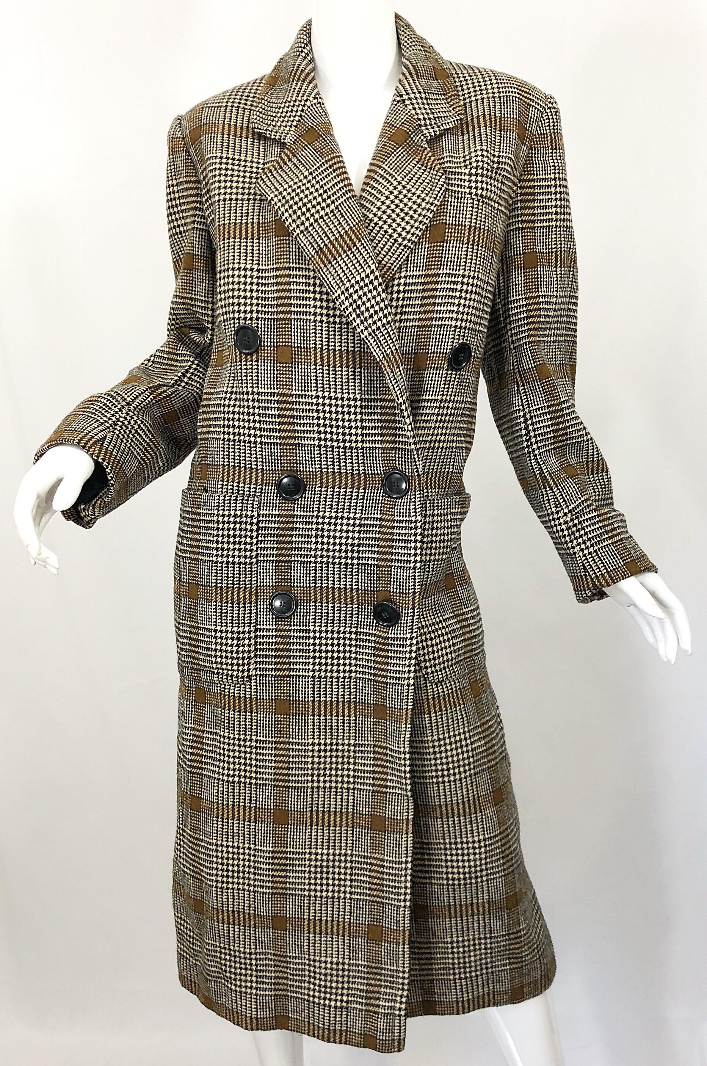 Vintage Calvin Klein Brown 1980s Glen Plaid Double Breasted 80s Wool Jacket Coat For Sale 1