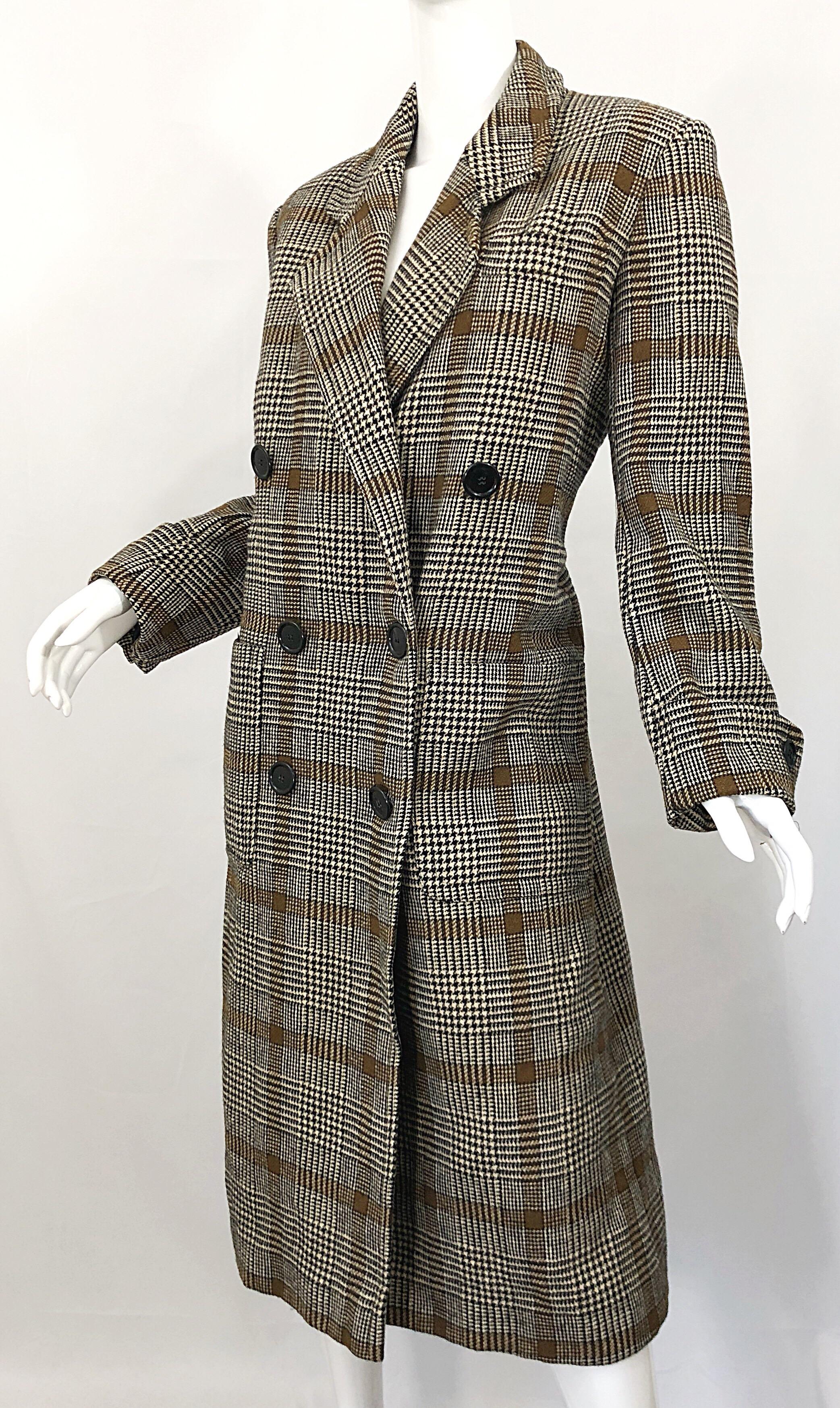 Vintage Calvin Klein Brown 1980s Glen Plaid Double Breasted 80s Wool Jacket Coat For Sale 2