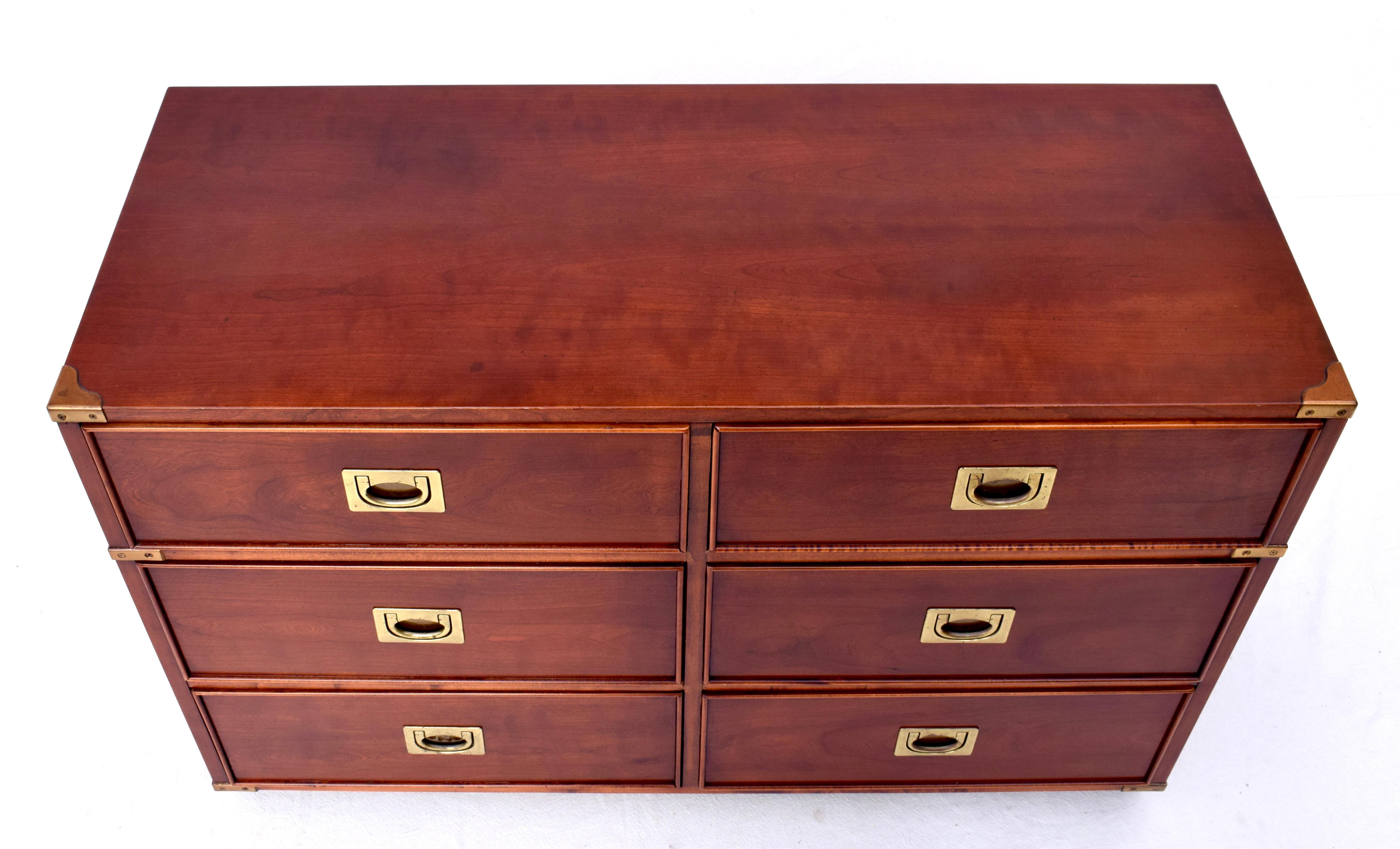 Campaign style dresser with cock beading to six dovetailed drawers boasting fiery Mahogany grains. A well designed mid size chest of drawers with generous storage. Matching pieces can be seen in our separate listings of: 