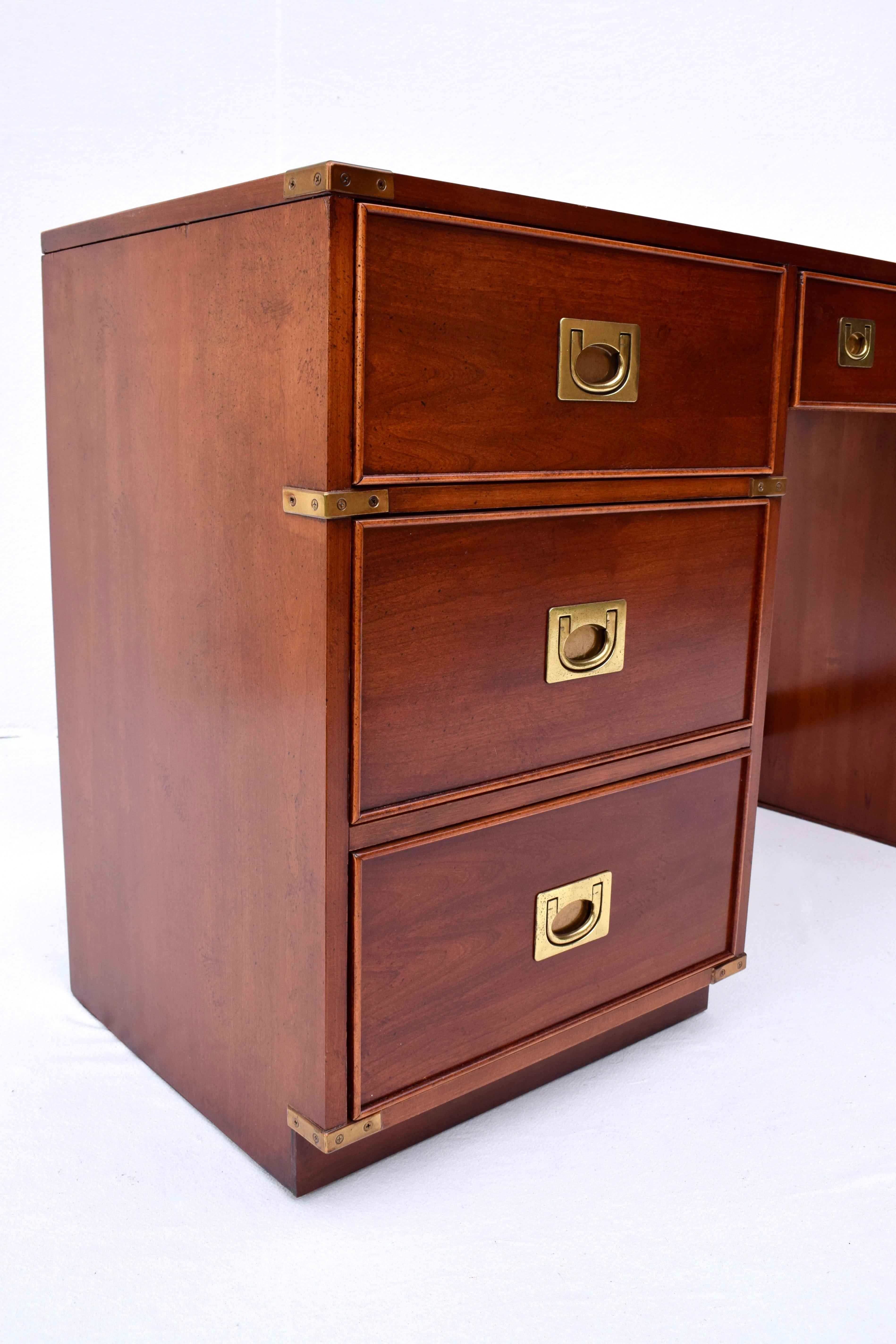 Brass 1980's Campaign Style Mahogany Writing Desk For Sale