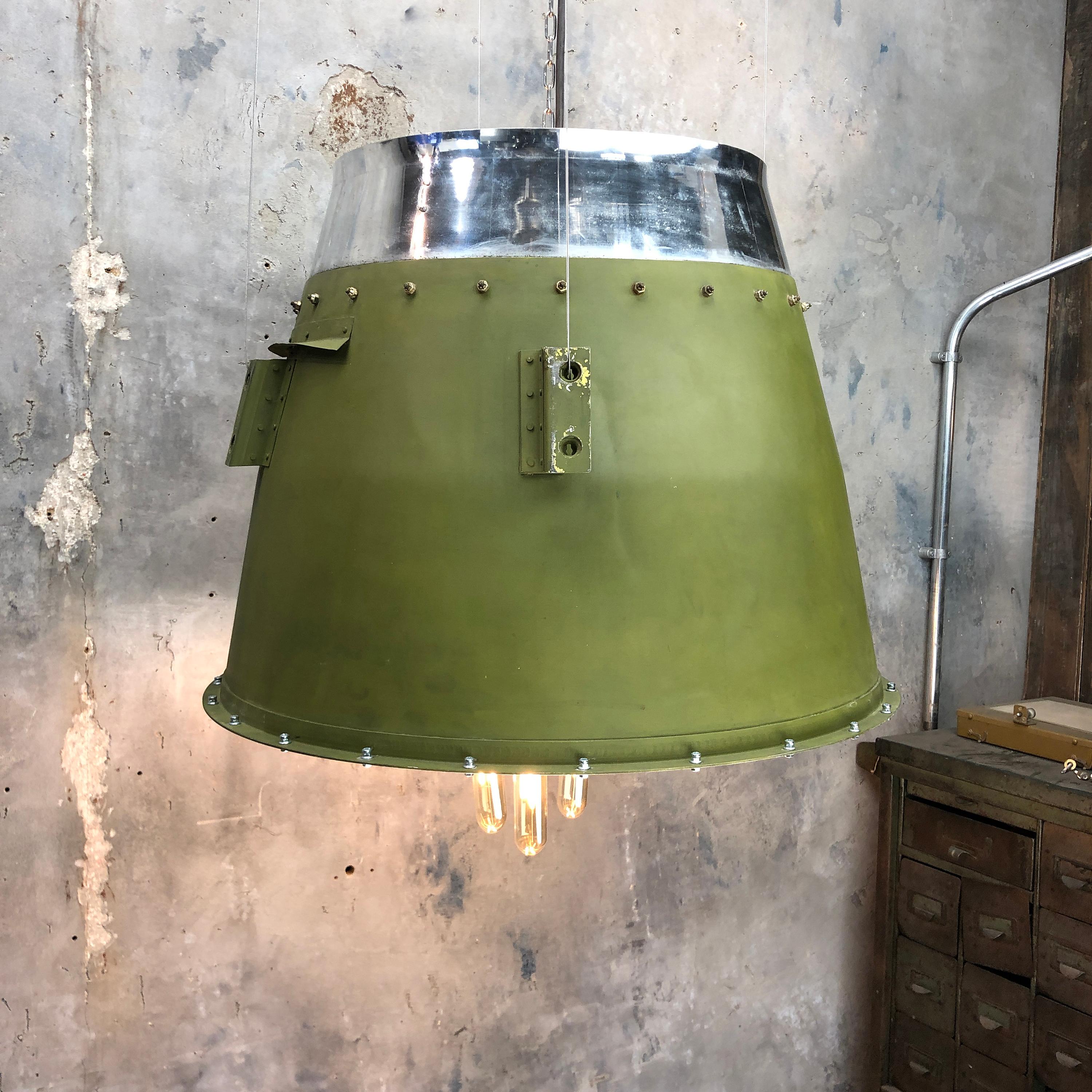 1980s Canadian Bombardier Jet Engine Cowling, Green Industrial Pendant Light 10